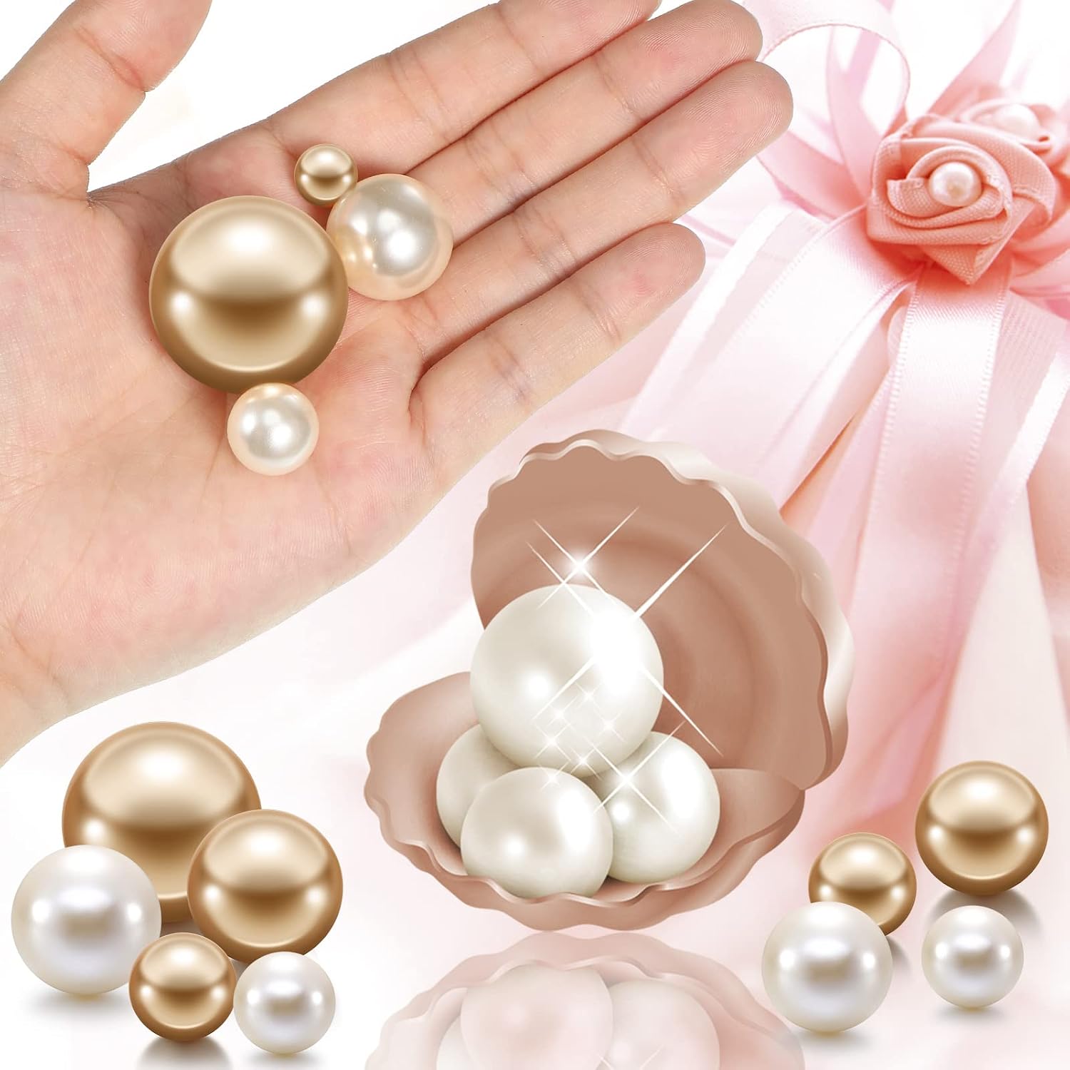 Jadive 200 Pieces Pearl Beads for Vase Filler Centerpieces, No Holes Pearl Makeup Beads for Wedding Holiday Party Home Brushes Holder Decor, 10/14/20/30 mm(White, Gold)