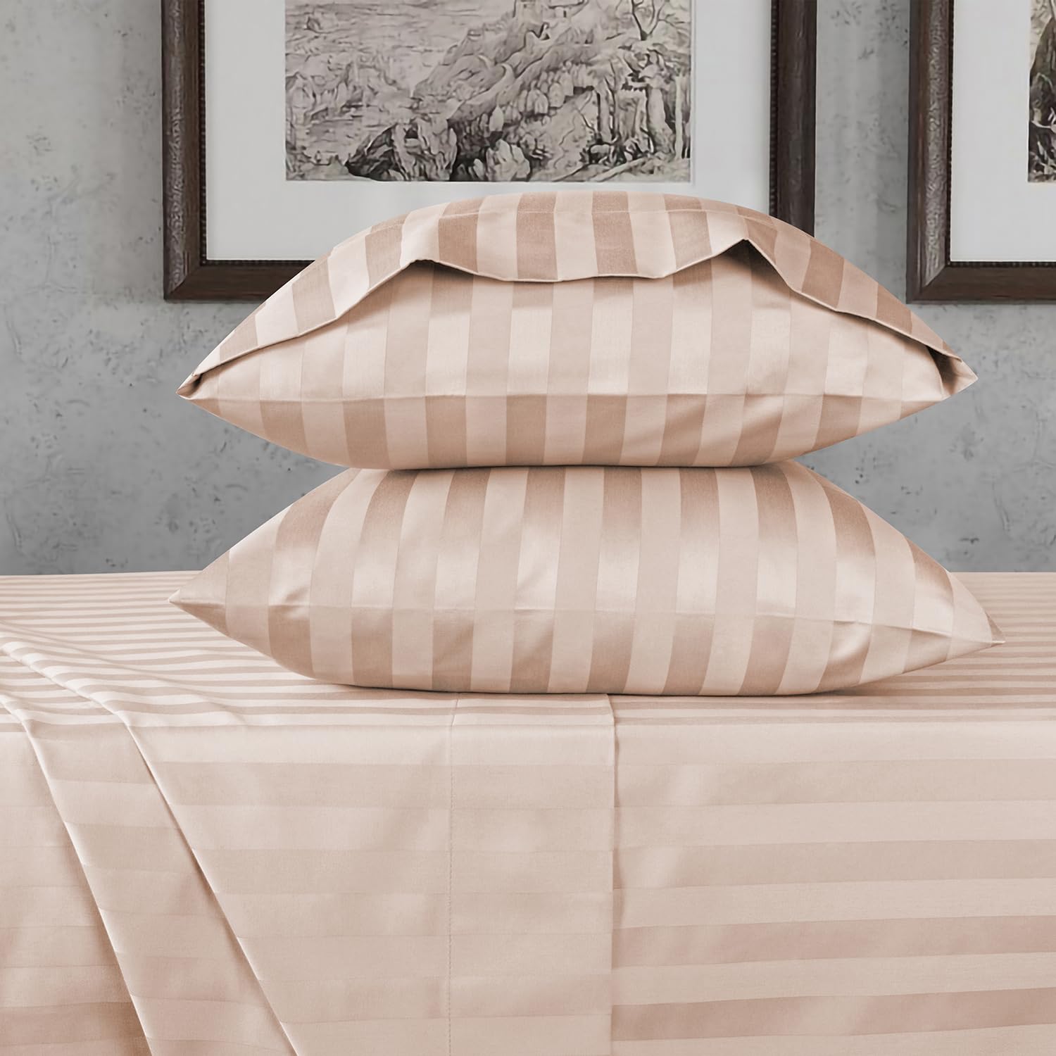 Draps à rayures en satin rose poudré URBANHUT grand lit double