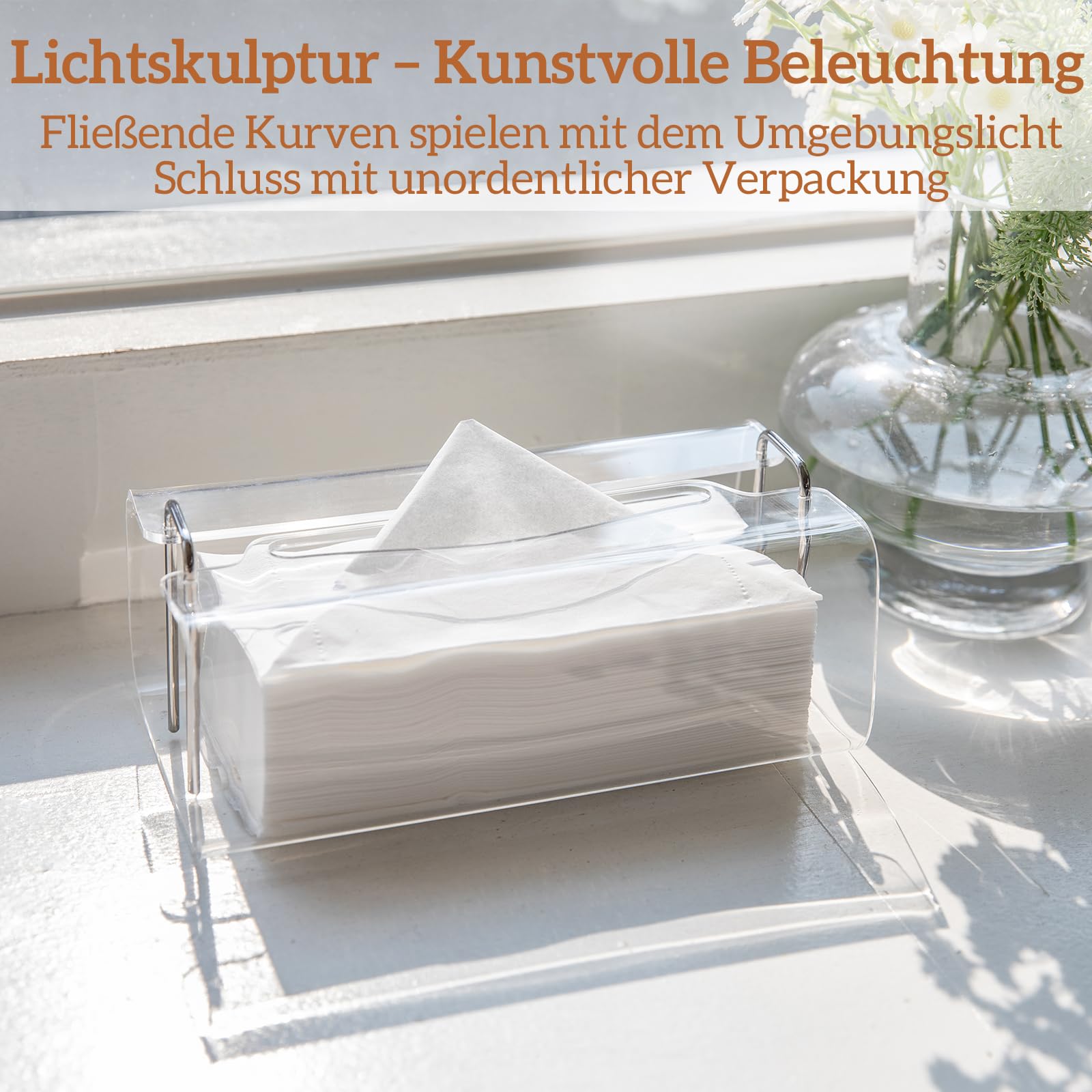 Acryl Kosmetiktücherboxen Rechteckig mit Geschwungenem Design - Dekorativer, Moderner, Kristallklarer Taschentuchspender mit Silbernen Metallakzenten für Wohn-/Büro-Deko