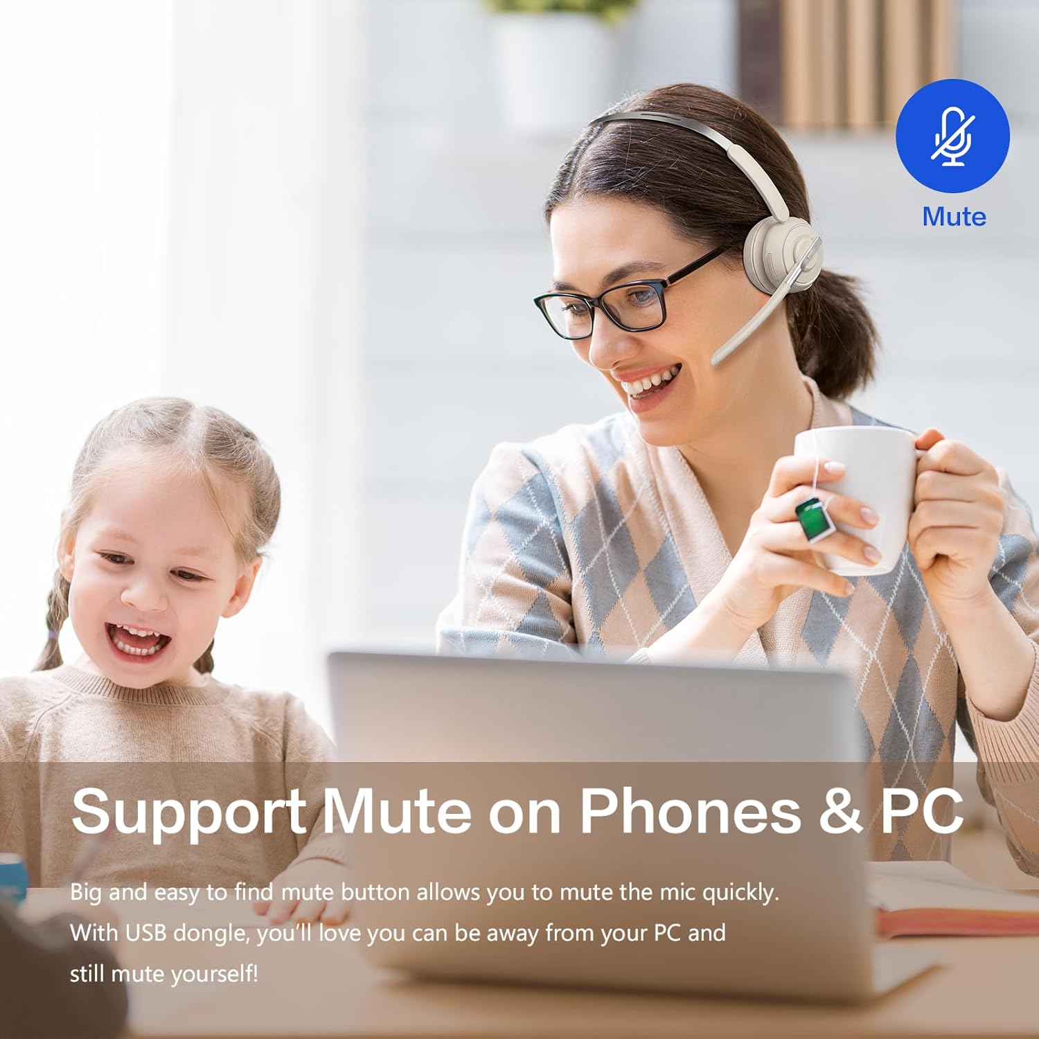 Condition photo showing New/Like New for bluetooth headset, wireless headset with mic for work, noise cancelling microphone, usb dongle,charging stand, mute button for pc, zoom, teams, office & call center, cell phones, work from home white