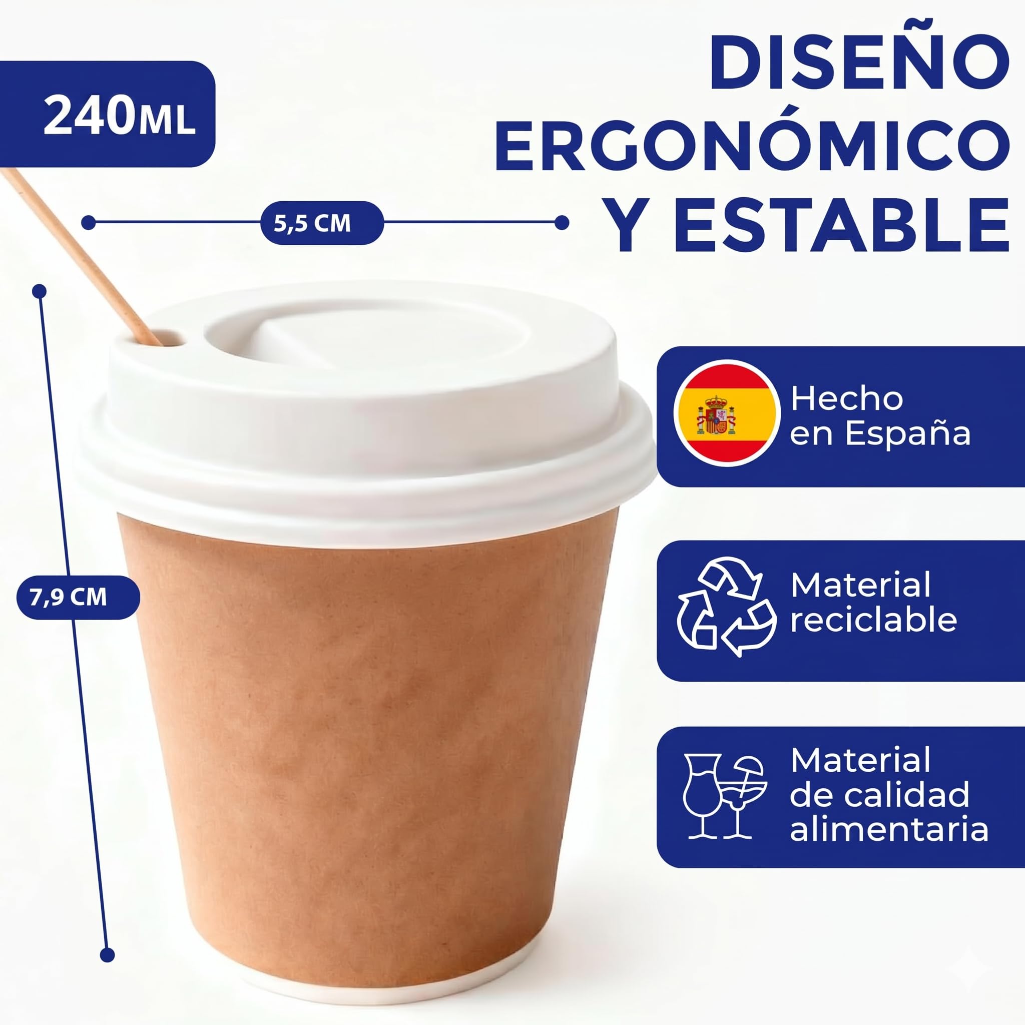 Vasos para Café con Tapas y Paletinas de Cartón Kraft 600 uds de 240 ml (8oz) Tazas de Papel de Alta Densidad para Bebidas Calientes Lavables y Reusables