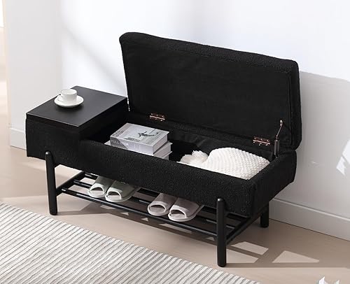 Miniatura 7 de Shunzhi Banco de entrada moderno tapizado con tapa abatible, banco otomano de sherpa, banco otomano con marco de maderaestante para sala de estar,