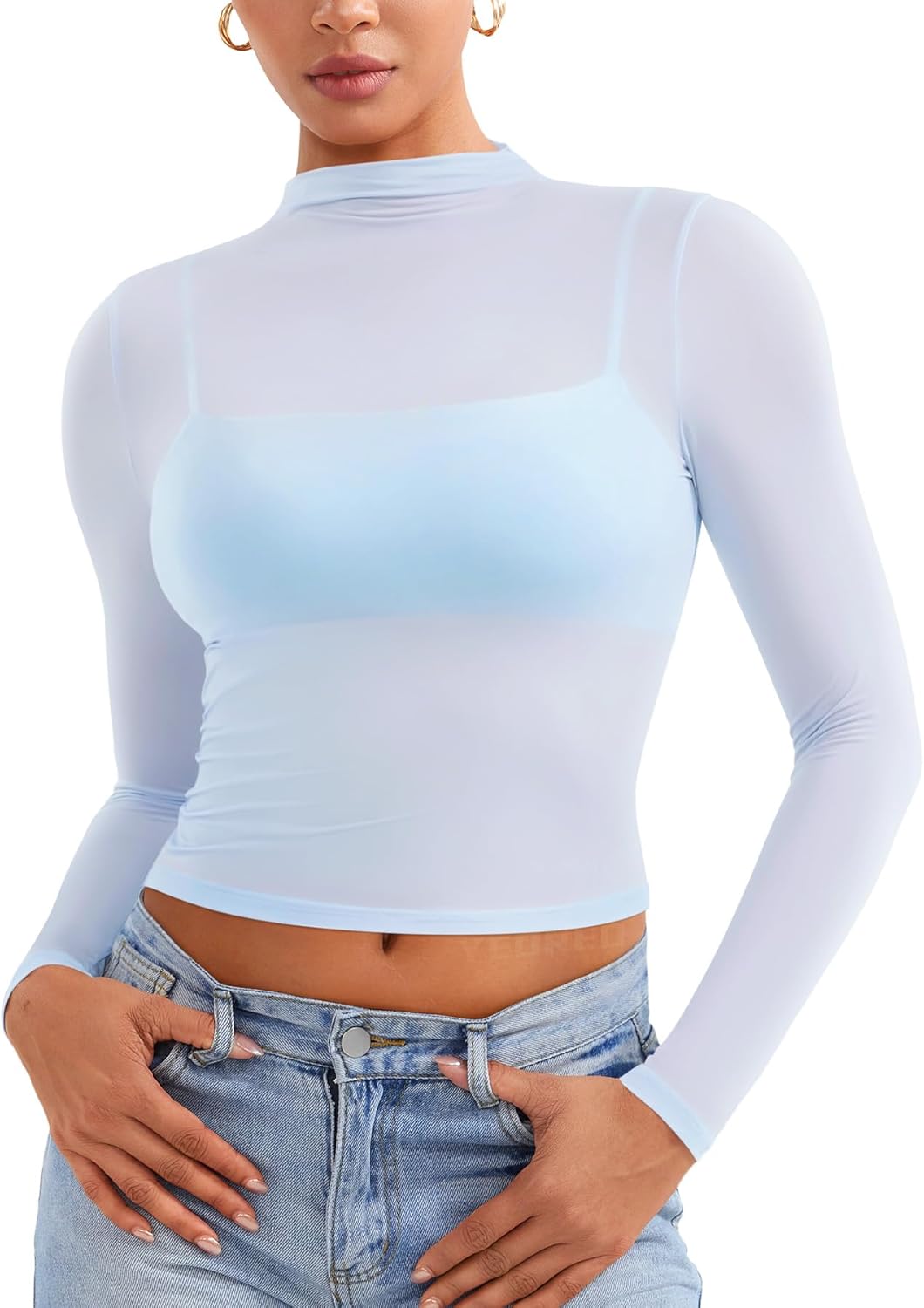 YEOREO Womens Sheer Tops Long Sleeve See Through Tops Mock Neck Slim Fit Workout Shirt Jamy Going Out Sexy Shirts