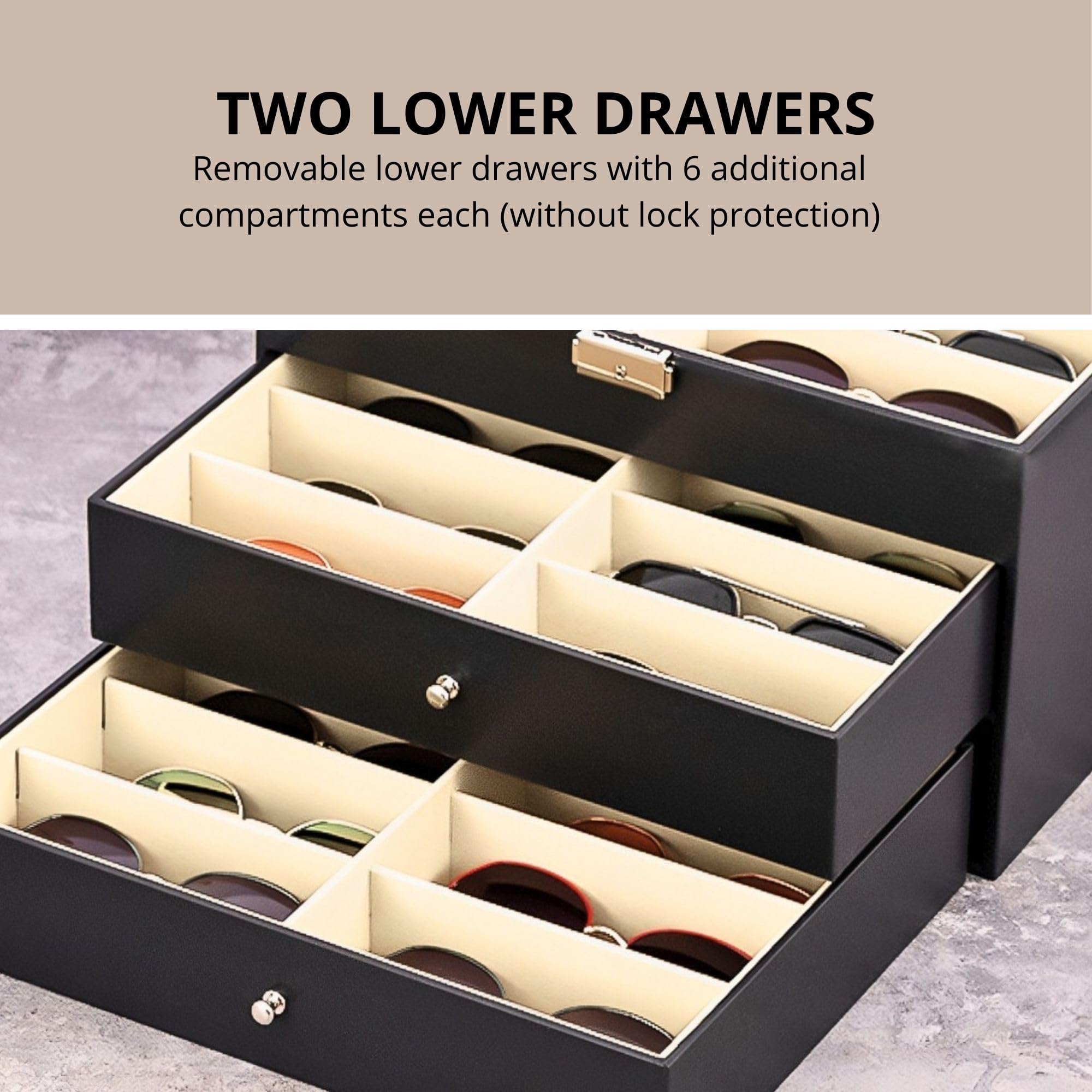 MAGIC SELECT Scatola per Occhiali. Espositore di Occhiali a 8-12-18 Scomparti con Coperchio in Vetro Trasparente, Chiusura con Chiave, Cassetto e Morbida Fodera Interna.