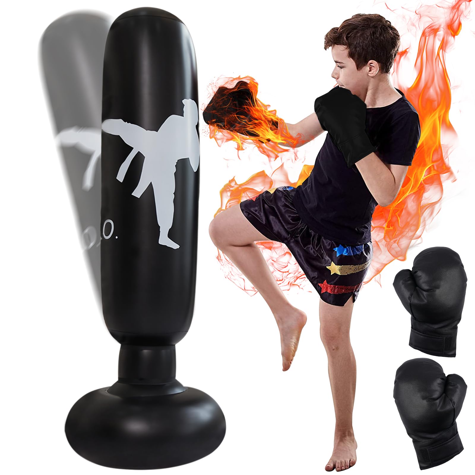 Sacco da boxe in piedi per bambini: 160 cm, gonfiabile, con guantoni da boxe, per bambini e adulti, per praticare karate, taekwondo
