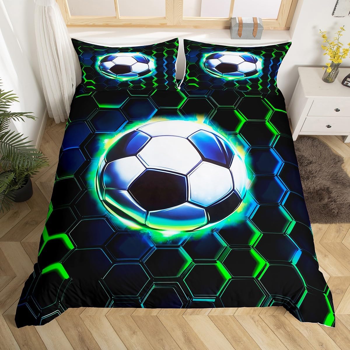 Manfei Football Duvet Cover Set Full Size,Soccer Game Ball Sports Kids Bedding Set,Geometric Honeycomb Hexagon Room Decor,Black Green Quilt Cover,2 Pillowcases(No Comforter)