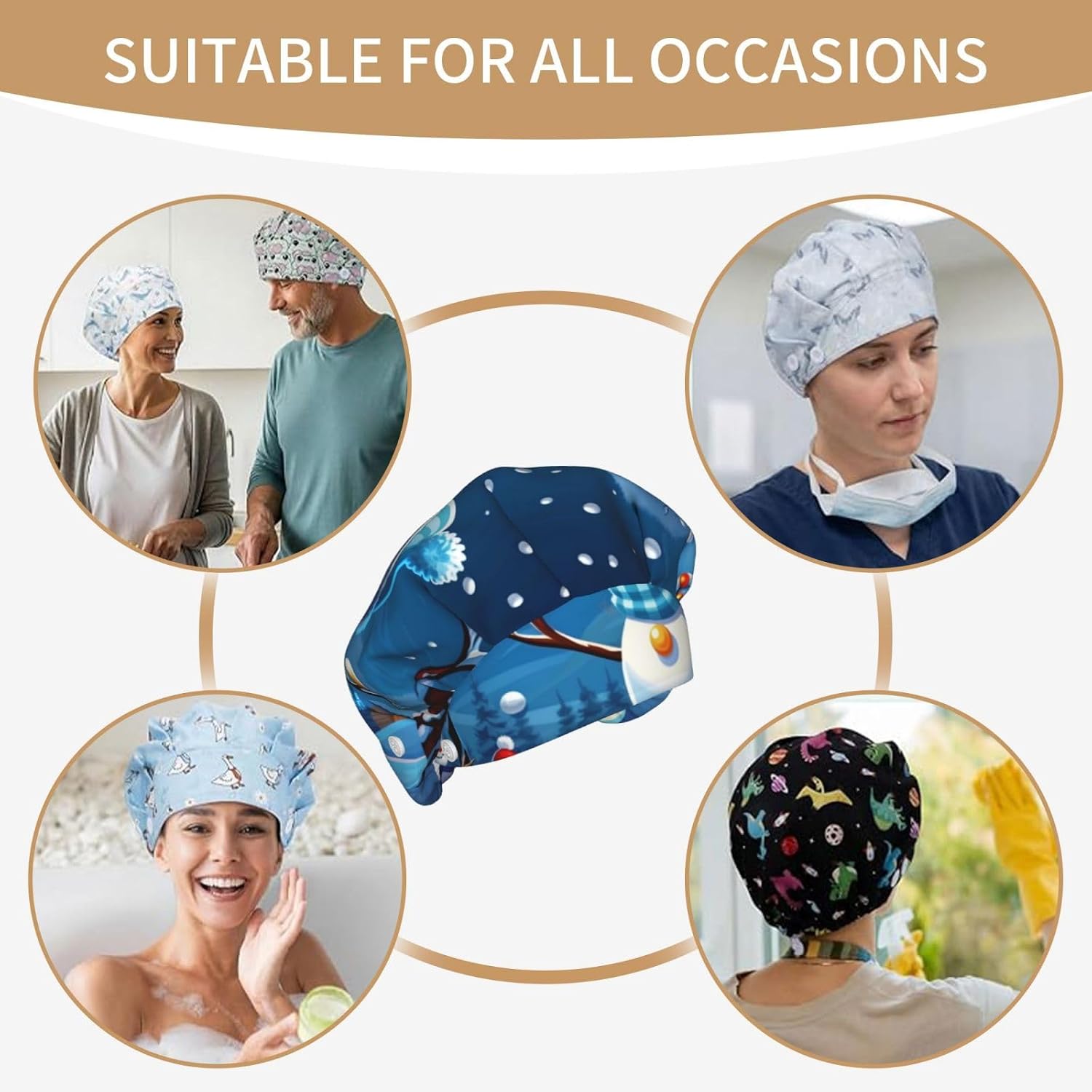 Winter Snowman Bouffant Cap with Buttons, Sweatband Cap Black