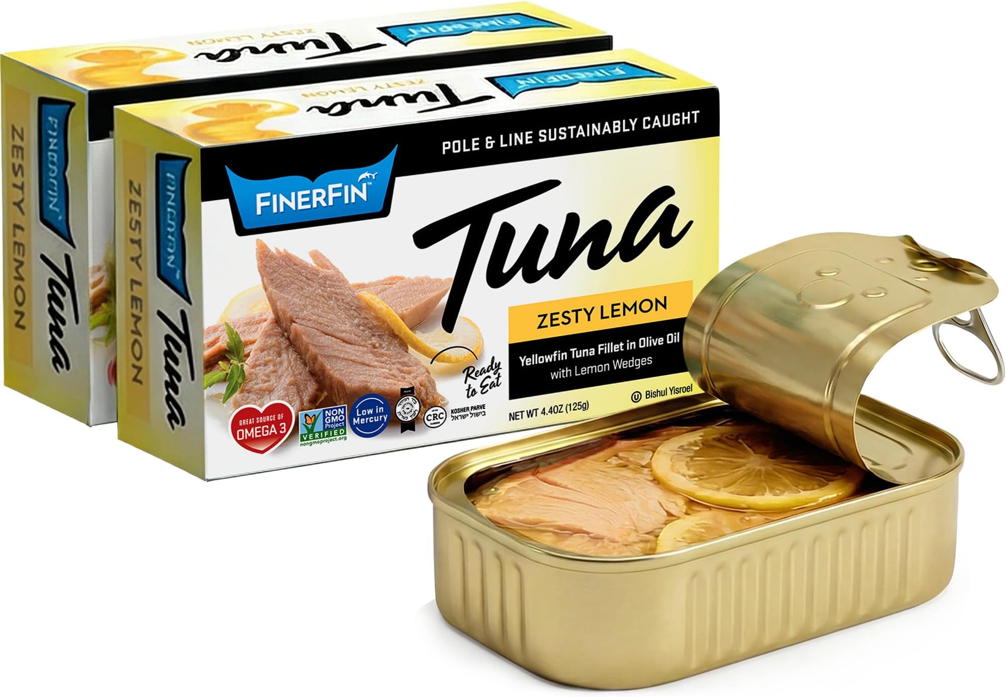 FinerFin Yellowfin Tuna Fillets In Organic Olive Oil โ Zesty Lemon Flavor (4.4oz can - 2 Pack); Premium Canned Fish with EVOO, Keto Friendly, Gourmet Ready-to-Eat Fillets, Pole & Line Caught