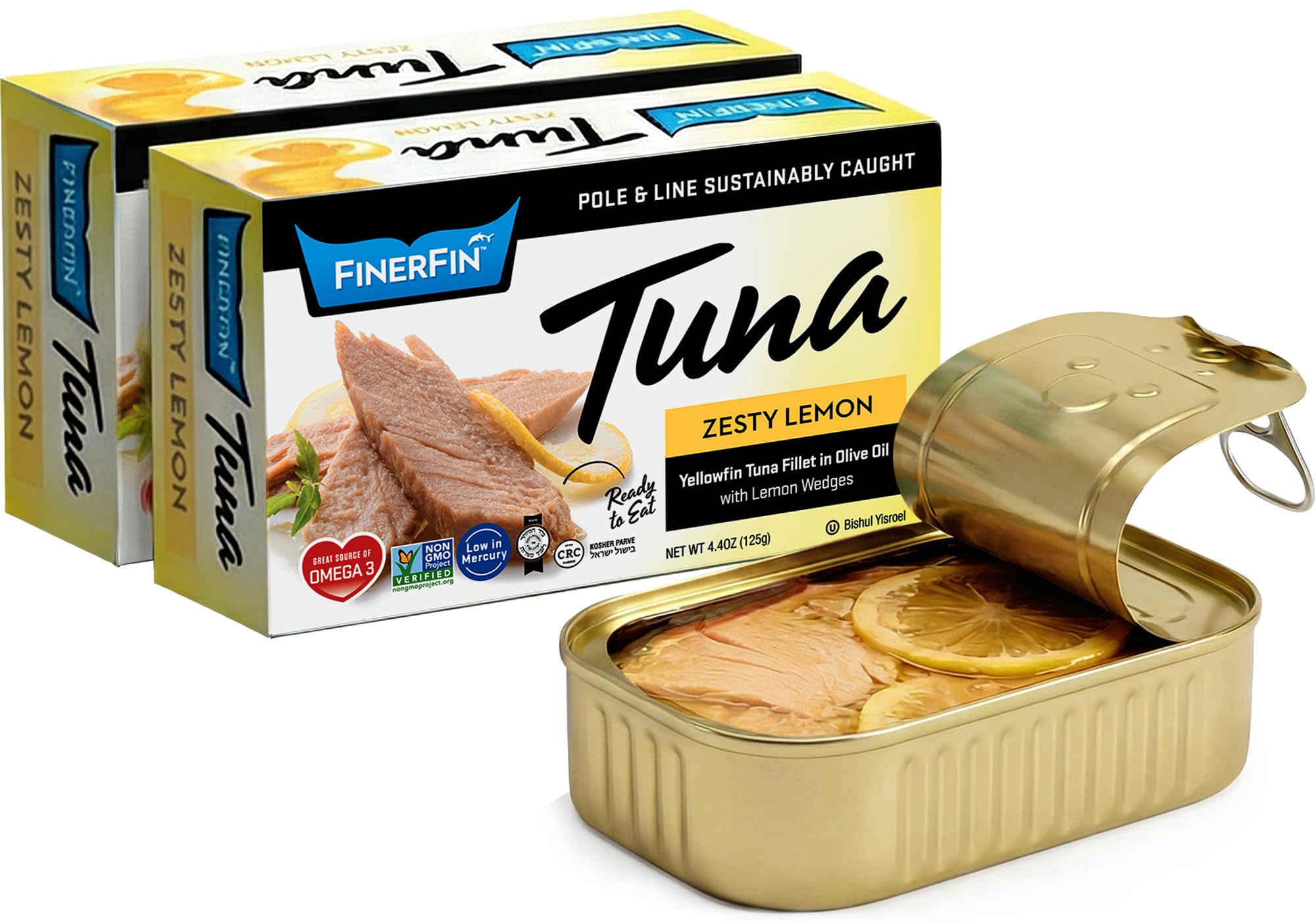 FinerFin Yellowfin Tuna Fillets In Organic Olive Oil – Zesty Lemon Flavor (4.4oz can - 2 Pack); Premium Canned Fish with EVOO, Keto Friendly, Gourmet Ready-to-Eat Fillets, Pole & Line Caught