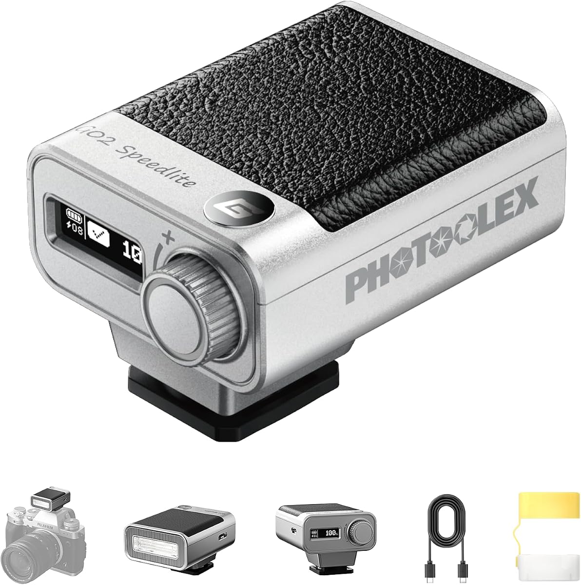 PHOTOOLEX G02 Mini Camera Flash GN10 45g USB-C Speedlite | Universal hot shoe. GN10 output. 6500K daylight color. 0.1s recycle. 45g pocket flash with USB-C fast charging