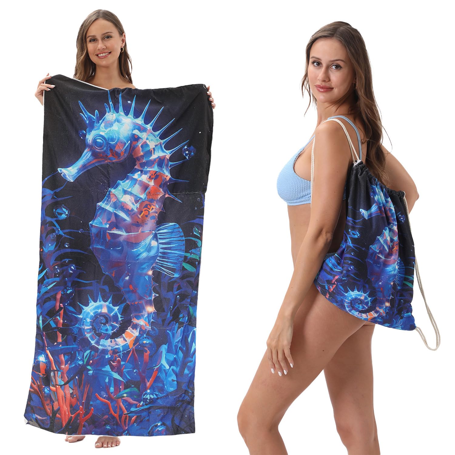 FWJZDSP 2 in 1 Packable Towel Bag for Women- Summer Tropical Beach Blanket Backpack Green Travel Picnic Towel for Family Holiday Camping (Seahorse)