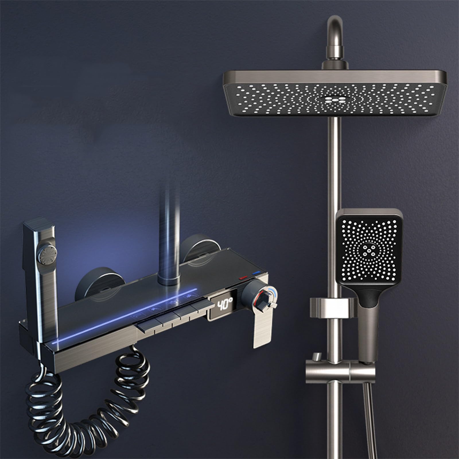 Set Rubinetto Doccia Systemtatic con Display della Temperatura, 4 funzioni, soffione a Pioggia da 12", doccetta, spruzzatore per Bidet, beccuccio per Vasca, Grigio Canna di Fucile