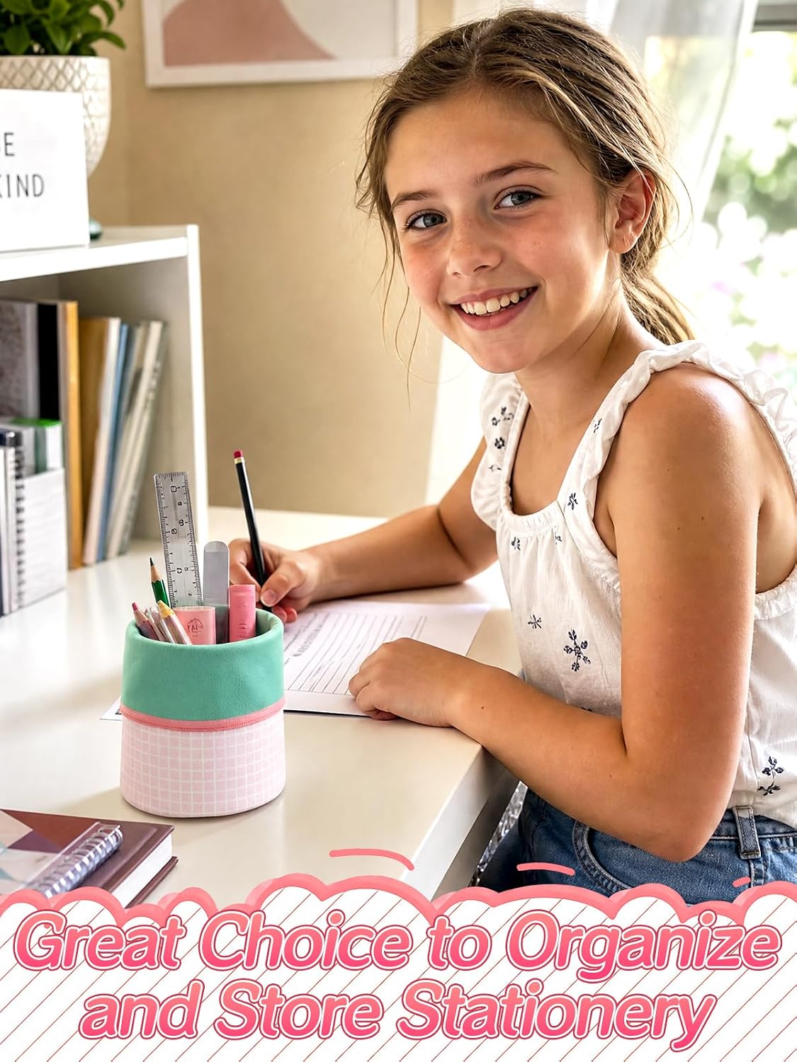 Bigmeta Gingham Standing Soft Pencil Pouch for Girls - Pink