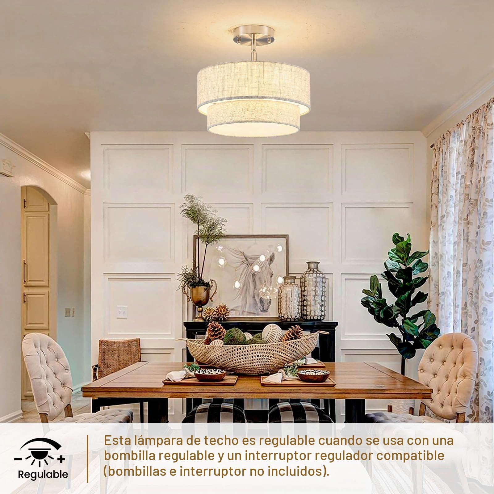 Lámparas de techo cromadas para sala de estar, lámpara de araña moderna de 3 luces con pantalla de tambor de tela beige doble, lámpara de techo semiempotrada para dormitorio, pasillo, comedor
