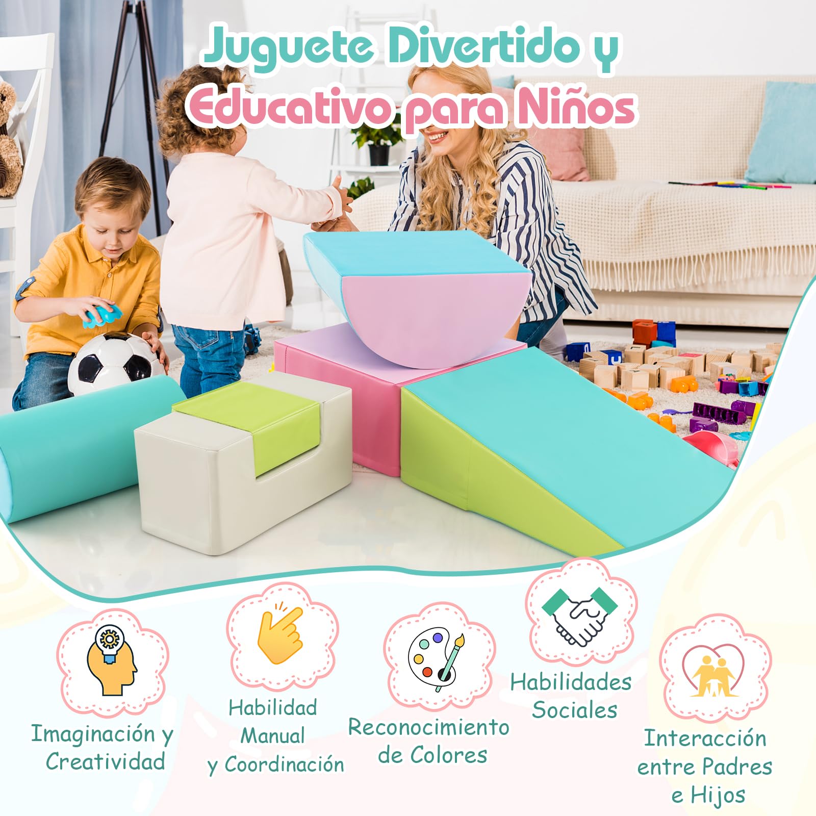 COSTWAY Juego de 6 Bloques de Espuma Grandes, Juego de Juguete para Aprendizaje para Niños de 1-3 Años, con Rectángulos, Cilindro, Media Luna, Cuña, Cóncavo, con Cubierta de PU (Verde y Rosa)