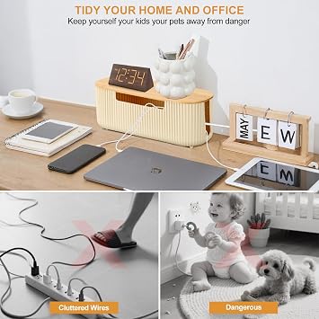 Cable Management Box Surface Wiring Cable Tray Cable Tidy Box Power Strips Cords Organizer Wire Storage Box with Lid Hiding Messy Cable Wire Box 30x12x11cm Beige for Desk Tv Extension Lead Cover Box
