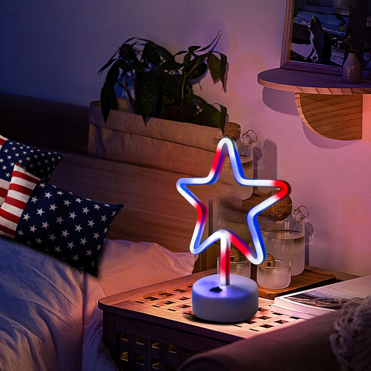 4 Pack 4th of July Decorations Patriotic Lights, LED Neon Star Signs Battery/USB Powered, Red White Blue Lights with Base for Home, Tabletop, Desk, Mantle, Room, Centerpiece Independence Day Decor