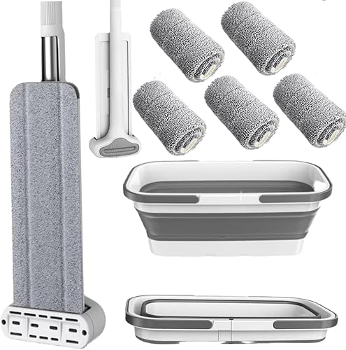 Juego de trapeador y cubo con escurridor, trapeadores planos para limpieza de pisos, limpiador de fregona de pared con mango largo, mopa de piso de