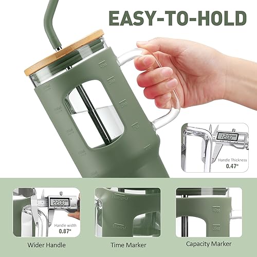 Miniatura 2 de Vaso de vidrio WINSA con pajita y tapa, vaso de vidrio de 40 oz con asa, botellas de agua de vidrio con marcador de tiempo, funda protectora de
