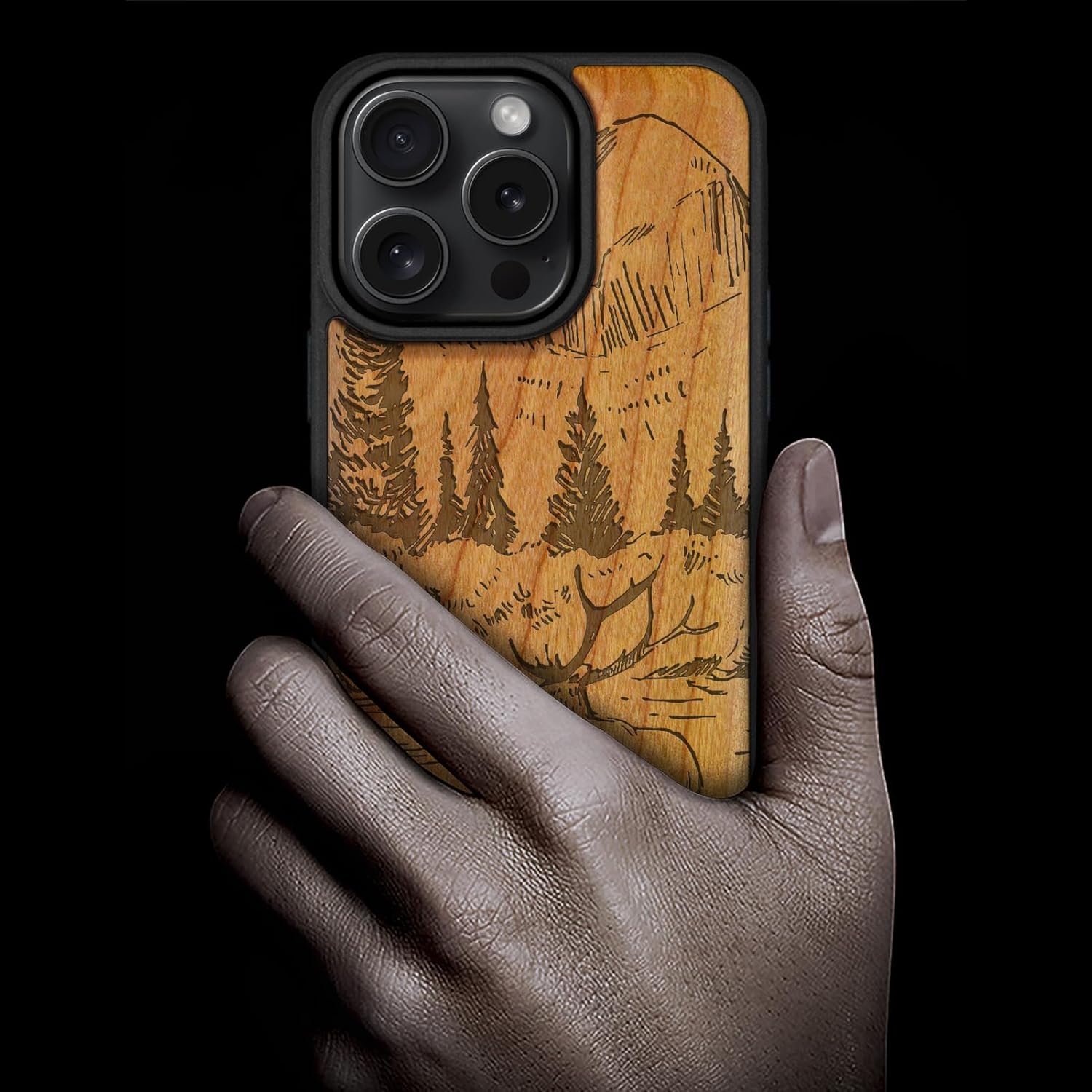 Carveit Magnetic Wooden Case for iPhone 16 Pro Case, Wood Artisan Engraved & Black Soft TPU Shockproof Cover, Compatible with MagSafe Wireless Chargers (Mountains and Deer) Cherry