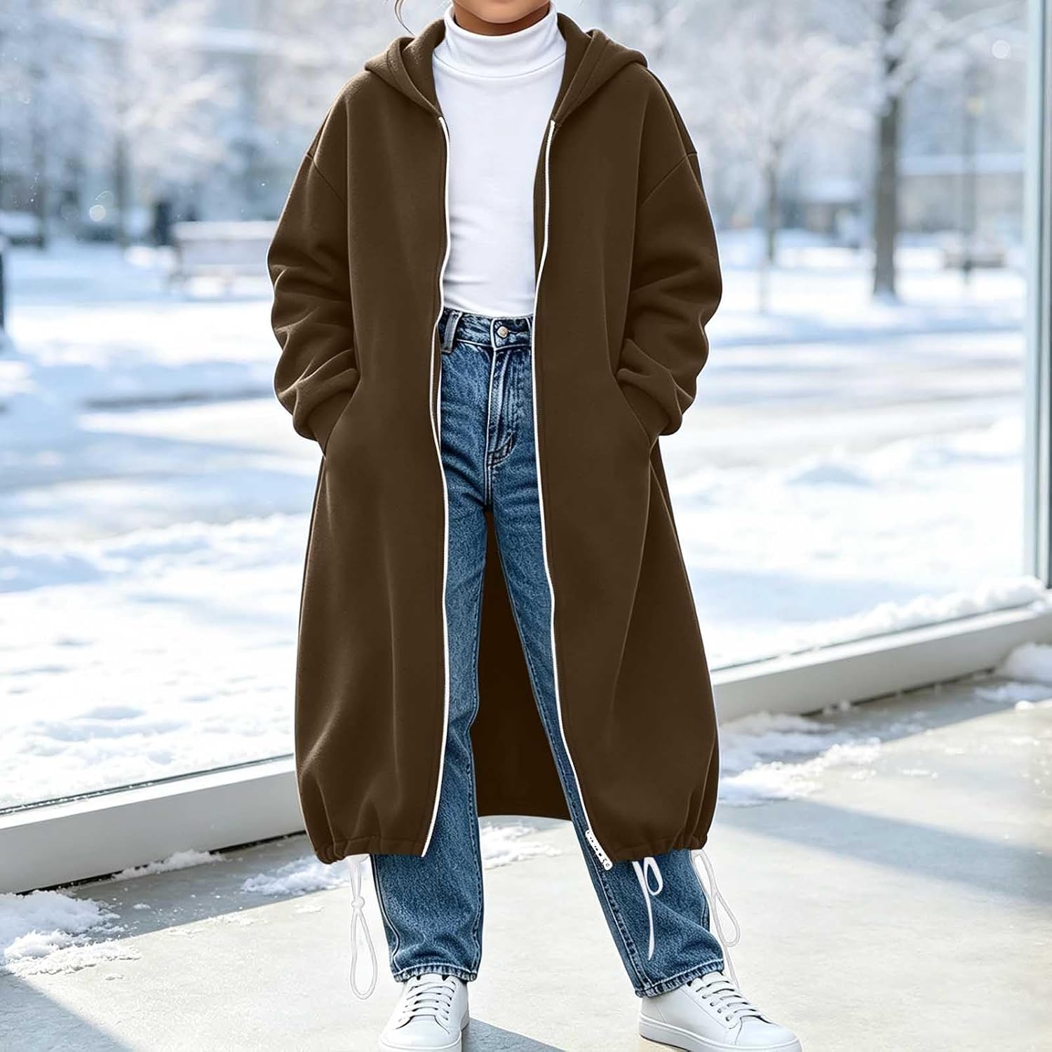 Women's Long Zip Hoodie Fleece Side Split with Pockets | Womens Long Zip Up Hoodie Jacket Casual Open Front Tunic Sweatshirt with Pockets Fleece Side Split Loose Fall Winter Coat