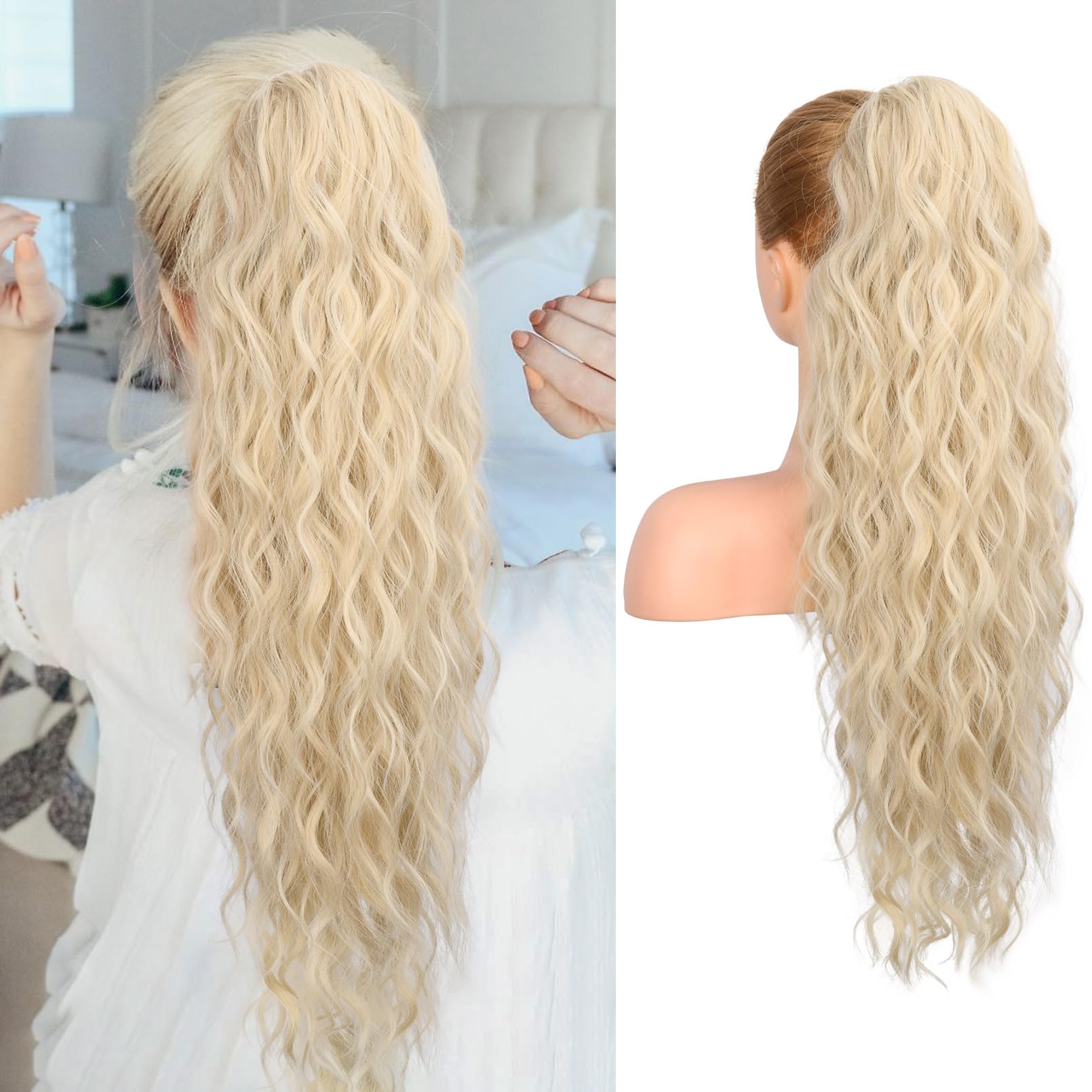 REECHO Pferdeschwanz Haarverlängerung, 66 cm Long Beach Gewellt Zugband Ponytail Extension Synthetischer Pferdeschwanz Haarteil für Frauen – Hellblond