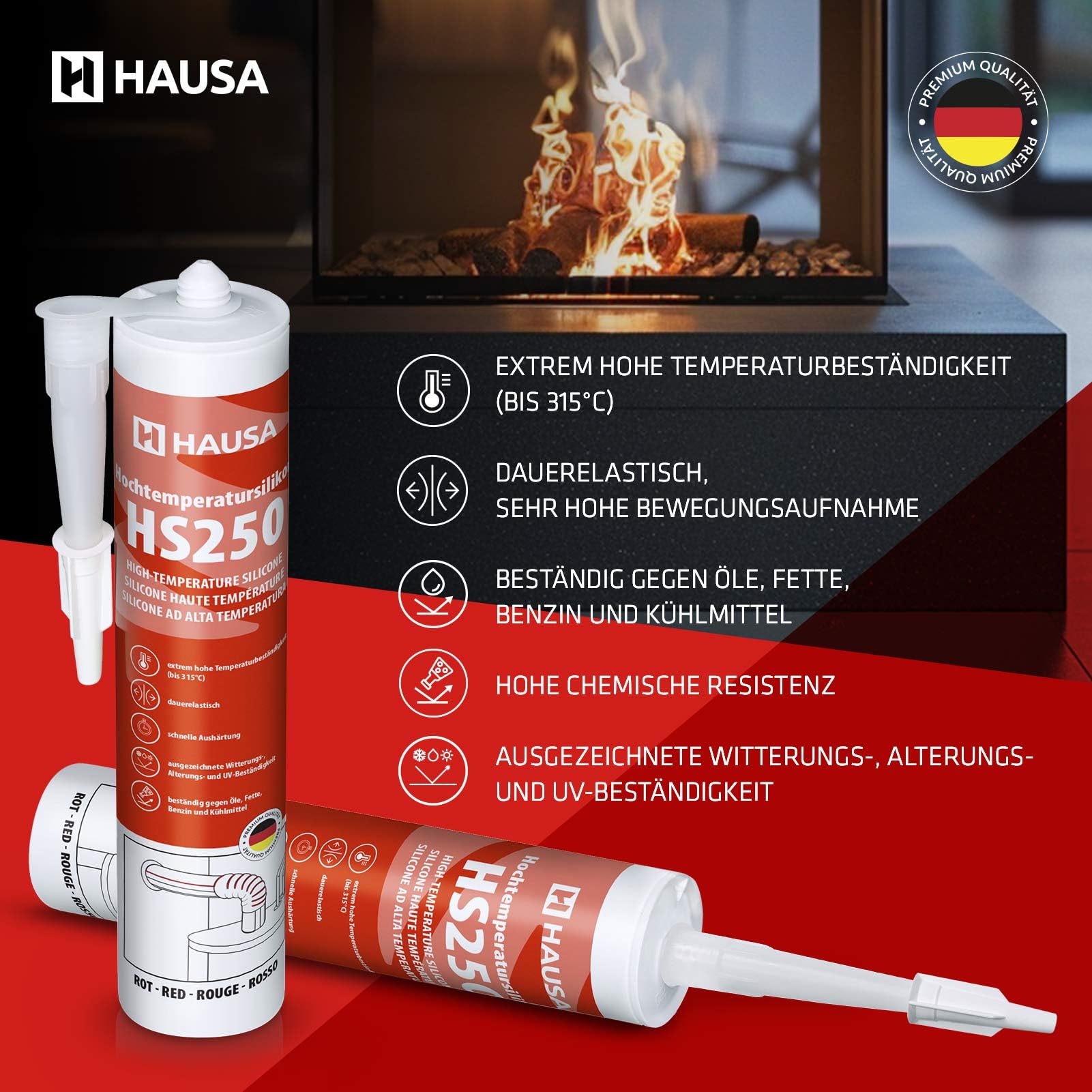 Silicone haute température HS250 Colle et mastic professionnel pour joints pour températures jusqu'à 305°C Étanchéité de moteurs automobiles, industriels et marins 4x310ml (Rouge) HAUSA