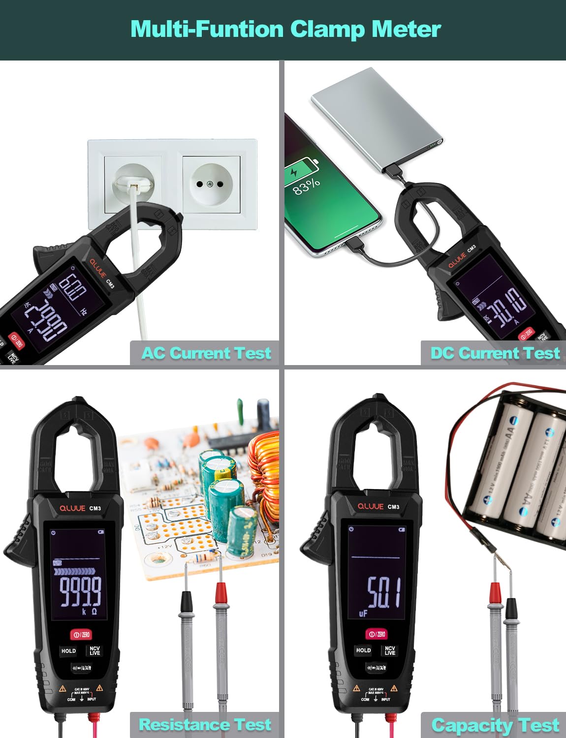 Clamp Medidor de tensión, multímetro CA/CC, prueba de voltaje con comprobador automático NCV, medición de corriente, temperatura, capacidad, resistencia, continuidad