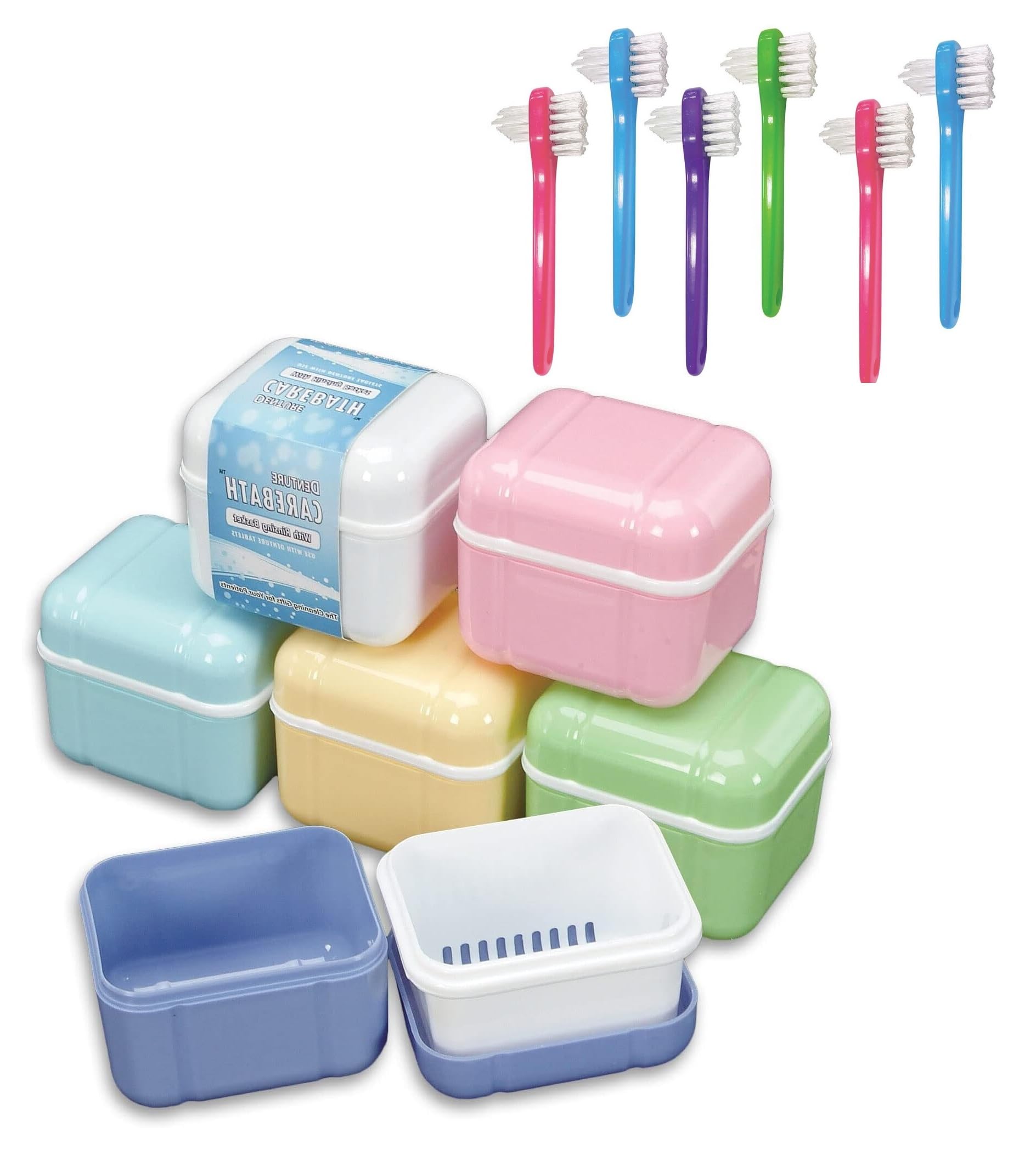 AmeriCan Goods 6/Pk Premium Euro Pastel Denture Care Bath Box Case with 6/Pk Mini Denture Brushes Denture Retainer Bath Cases with Rinsing Basket & Brushes