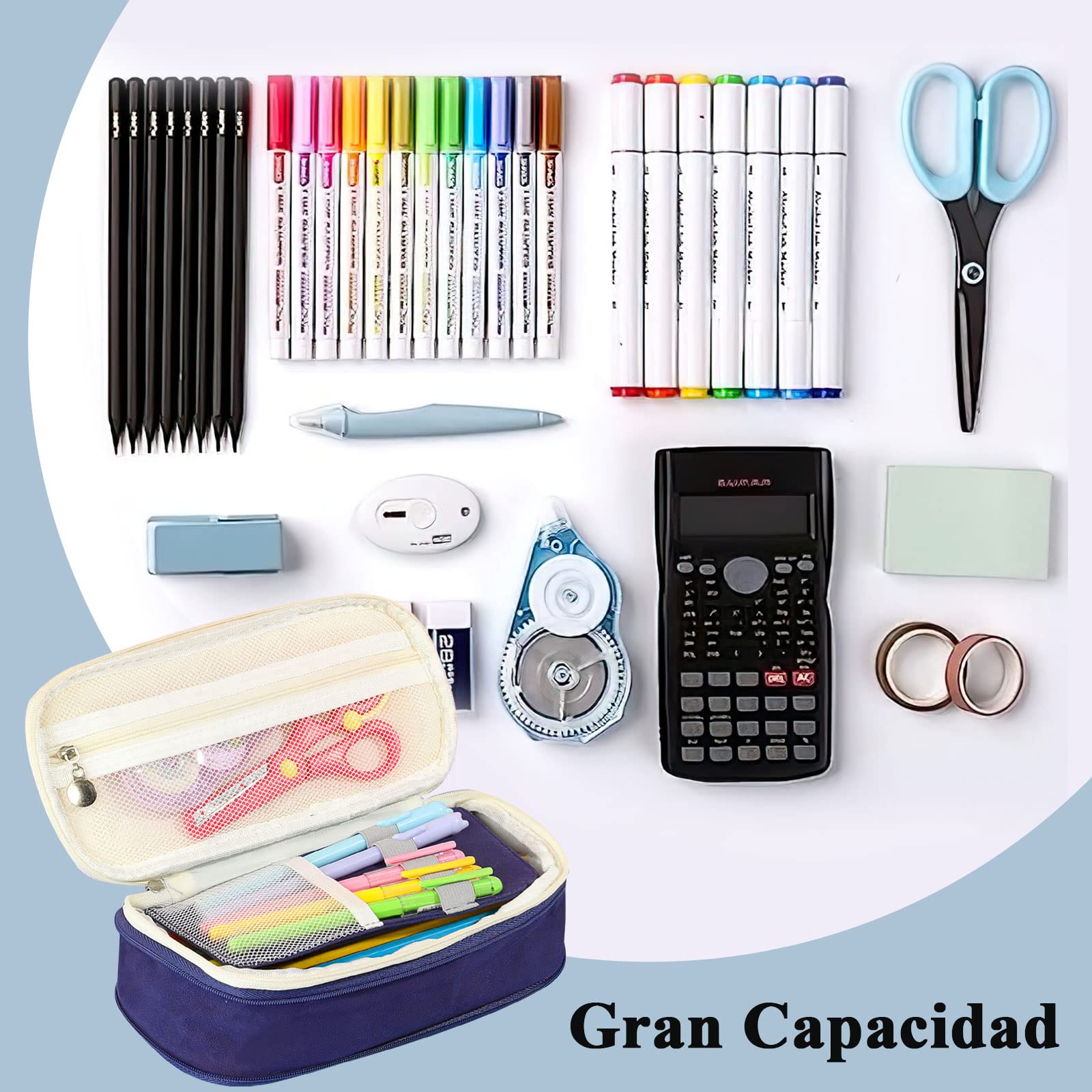 SINGARO Large Capacity Pencil Case, Expandable Pen Organizer, Office Supplies Bag, Aesthetic Pen Cases for Markers and Colors, Stationery with Zipper (Blue) 1