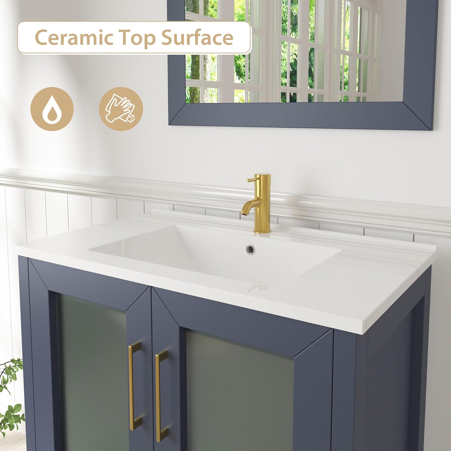 Vanity Art 72 Inch Under Mount Double Sink Bathroom Vanity Cabinet with 2 Mirrors, Ceramic Top Bathroom Cabinet Compact Set with 7 Dovetail Storage Drawers and Gold Finish Handles, VA3030-72B