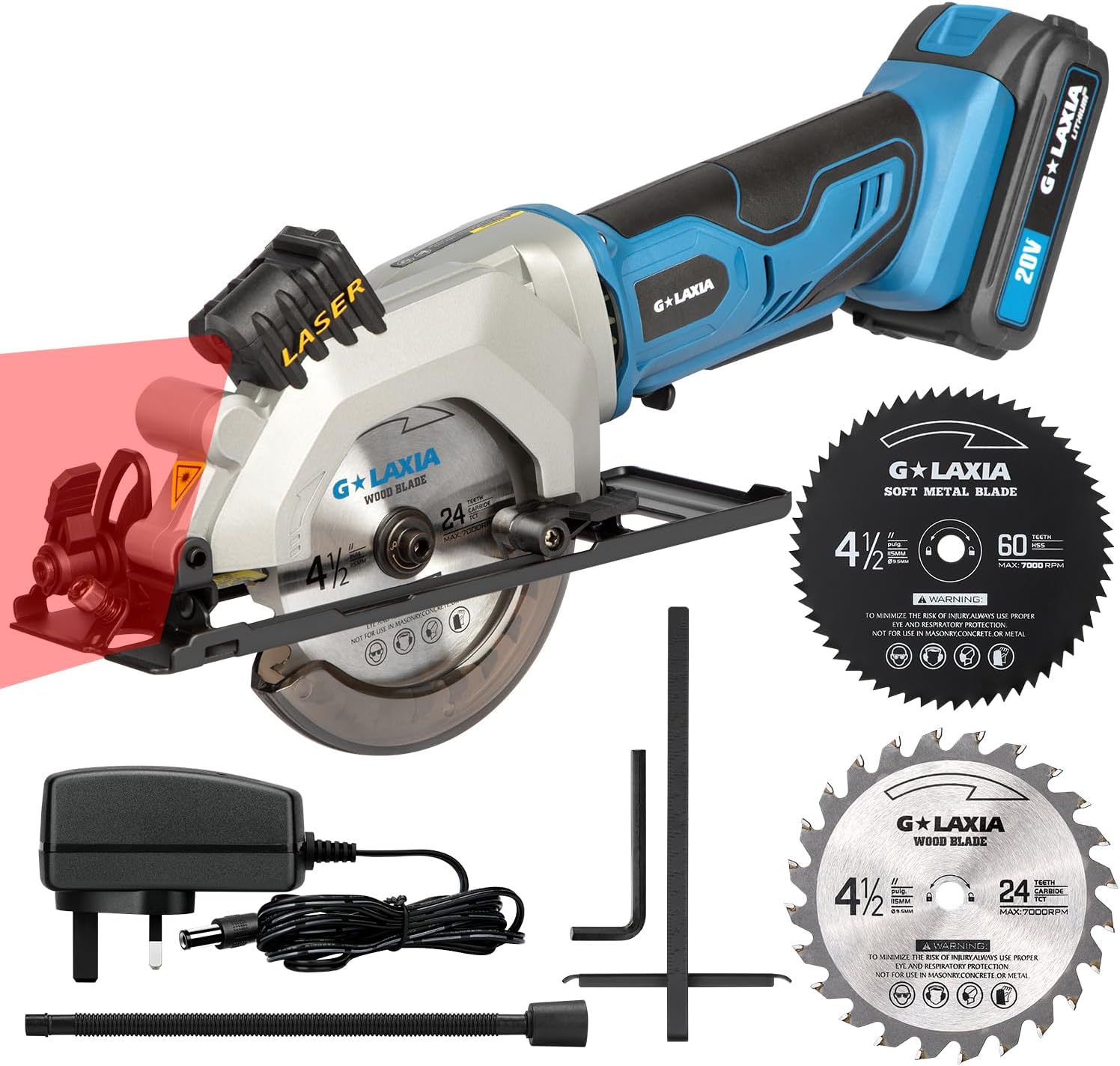Mini Circular Saw, 4-1/2" 3400RPM Cordless Circular Saw with Laser Guide, Rip Guide, Compact Hand Saw with 2Pcs blades（24T+60T), Max Cutting Depth 1-11/16"(90°), 1-1/8"(45°)