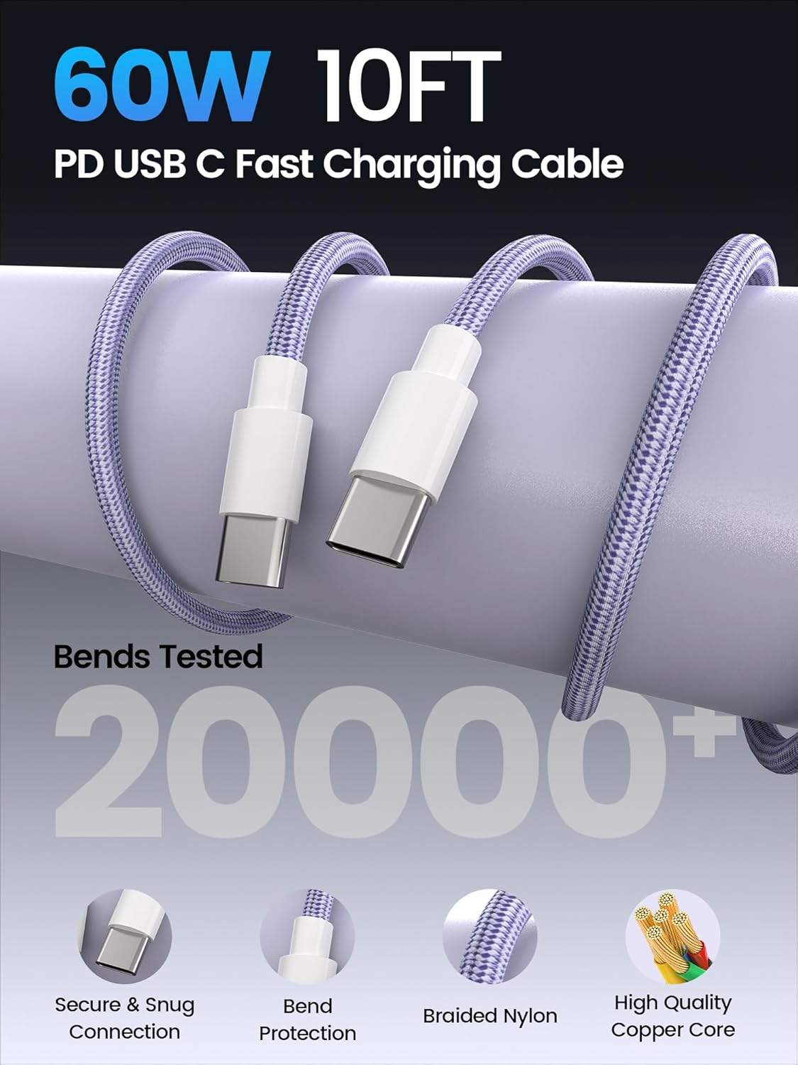 60W USB C Charger Block for iPhone 17 16 15,EIZLXQ 2-Pack USB C Wall Charger with Total 60W Max Output,10FT USB C Cable,Fast Charging Blocks for iPhone 17/16/15 Series,Galaxy,Pixel,iPad-Lavender
