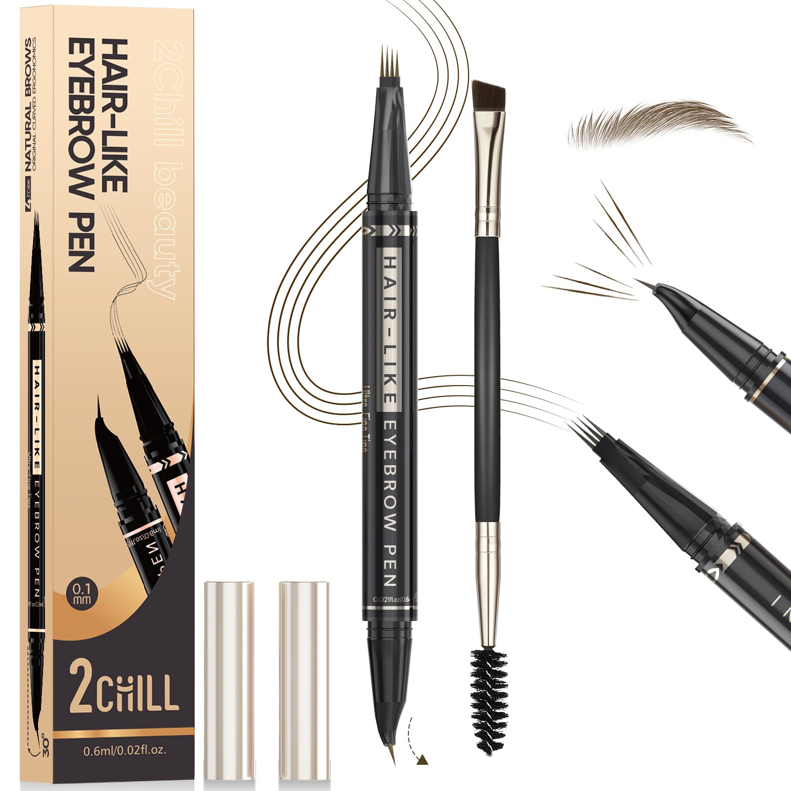 2CHILL 30° Gebogener Augenbrauenstift, Magic 2-in-1-Augenbrauen, Wasserfester Eyebrow Pen mit 4 Spitzen, Lebendige Microblading-Augenbrauenfarbe für Frauen (03 Dunkelbraun)