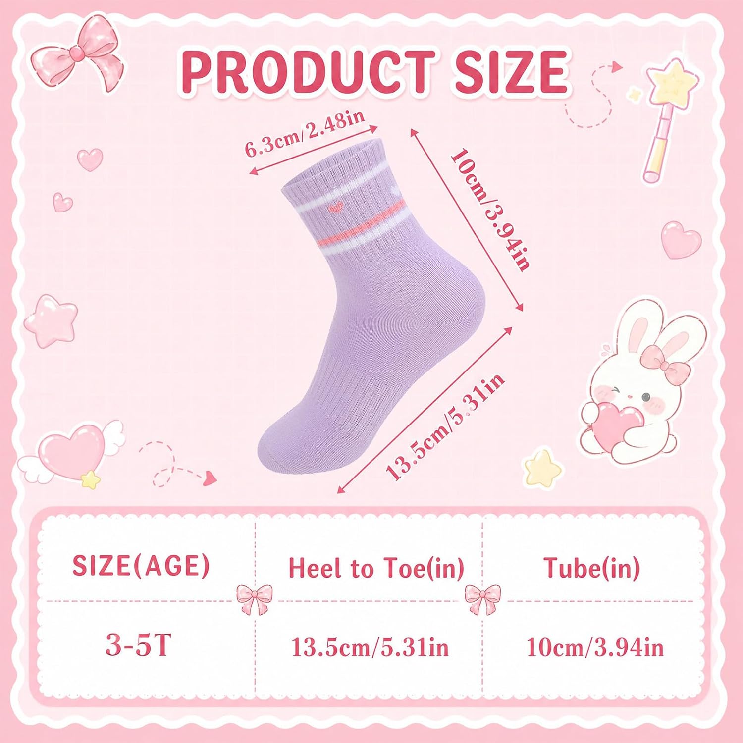6 Pairs Girls Cute Cotton Crew Socks Striped Heart Bow Patterned Casual Socks for Kids Everyday Wear