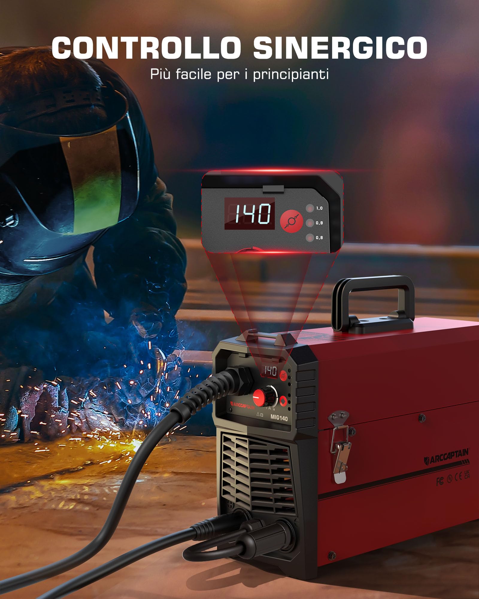 ARCCAPTAIN Saldatrice MIG MAG a Gas Inerte IGBT 140A AC230V Saldatrice a Filo Continuo 5 in 1 con filo animato (FCAW) /MMA E-Hand/Lift TIG con avanzamento filo sinergico e 1 kg di filo animato 0,8 mm
