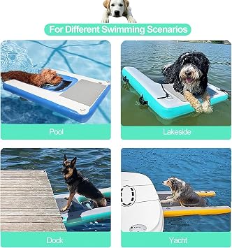 Dog Pontoon Boat Ladder Ramp, Inflatable Dock Platform for Dogs Up to 132 Lbs, loating Dock Water Raft Ladder for Pools Boats Lakes Beaches(Blue)