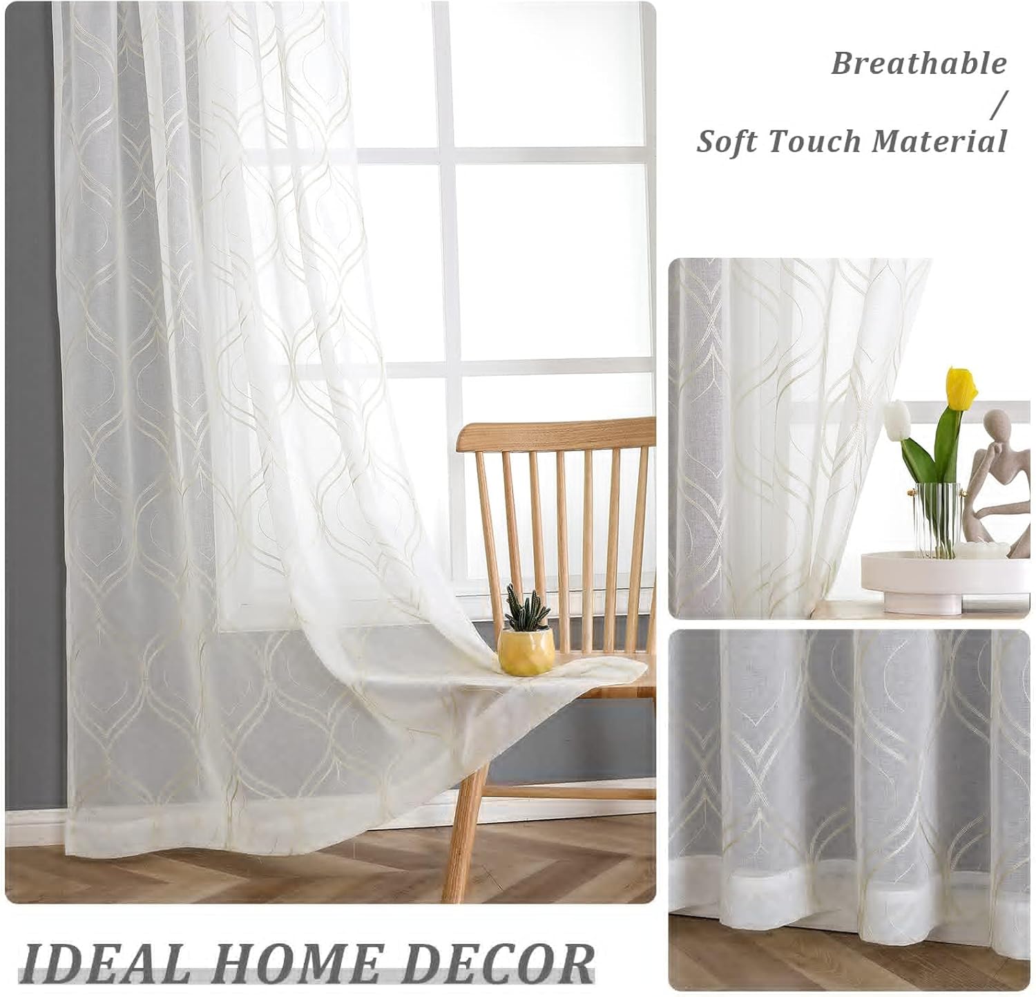 VISIONTEX White Sheer Curtains 120 Inches Long 2 Panels Set Beige Moroccan Embroidered Curtains Trellis French Textured Rod Pocket Voile Tulle Semi Window Drapes for Bedroom Living Room 54 x 120 Inch