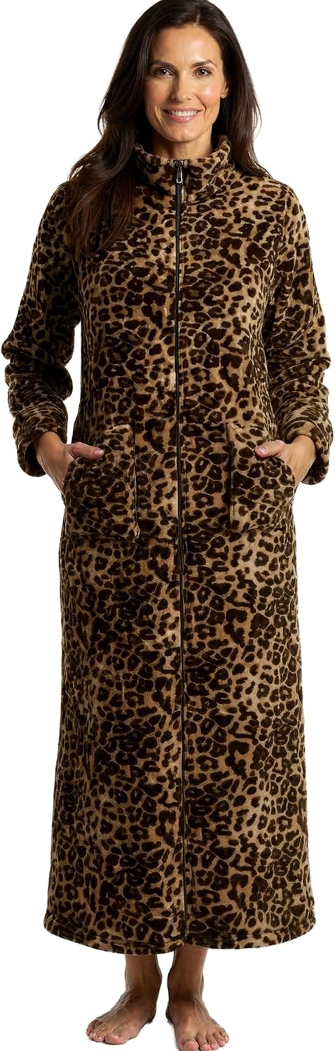 Alexander Del Rossa Women's Slim Fit Zip Up Fleece Robe, Soft Warm Plush Zipper Bathrobe