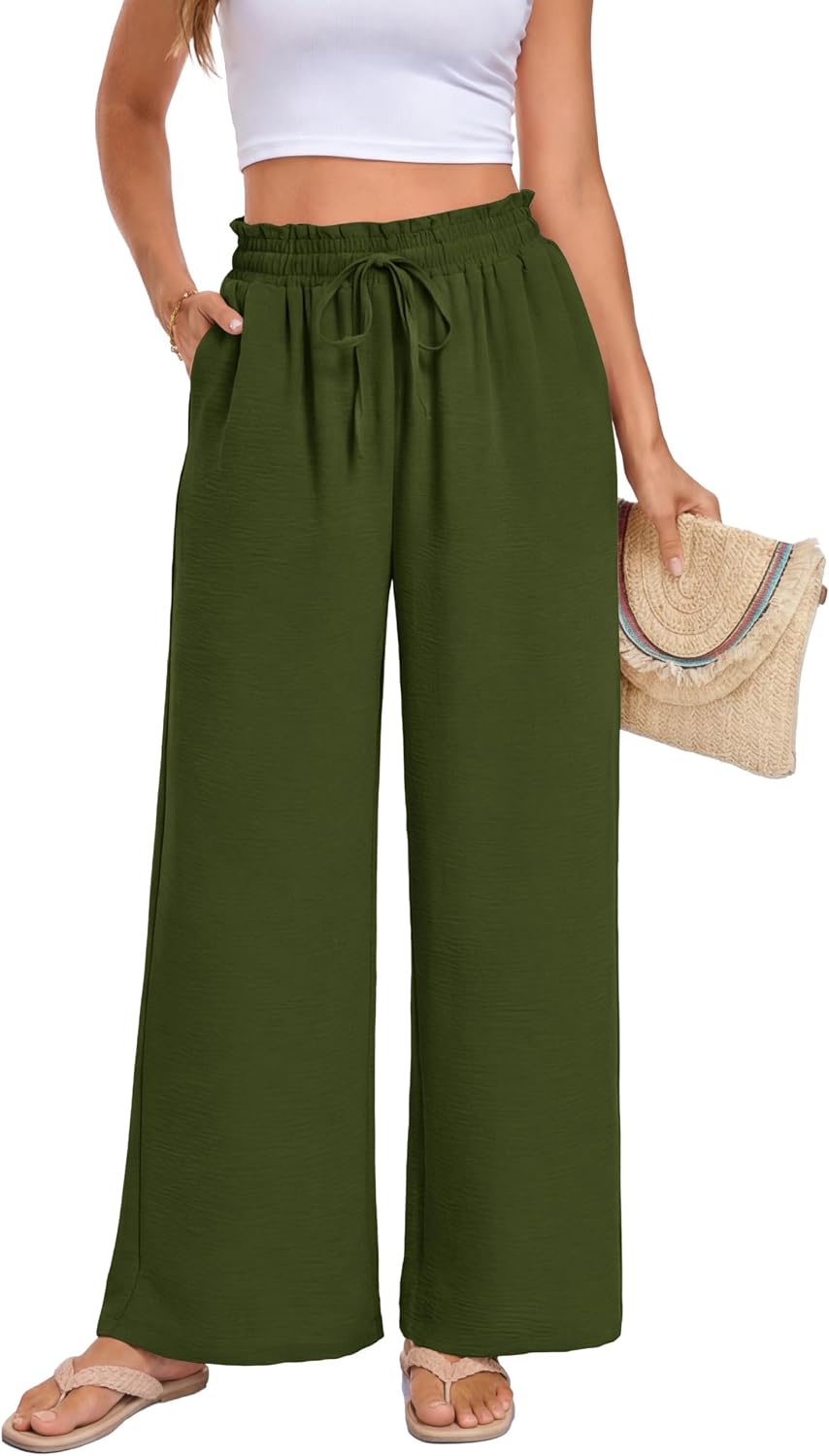 Arolina Plus Size Pants for Women Drawstring Waist Wide Leg Palazzo Beach Pants with Pockets (Regular,Petite) Army Green