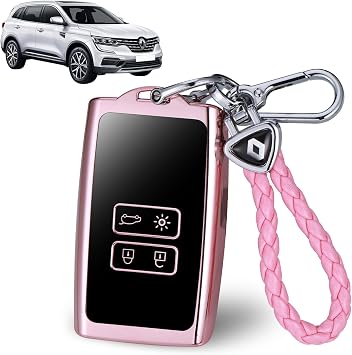 JIZZU Car Key Cover for Renault, 4 Button Keyless Smart Key Case | TPU Smart Key Cover with Keychain, Renault Protective Case for Car Keys Pink