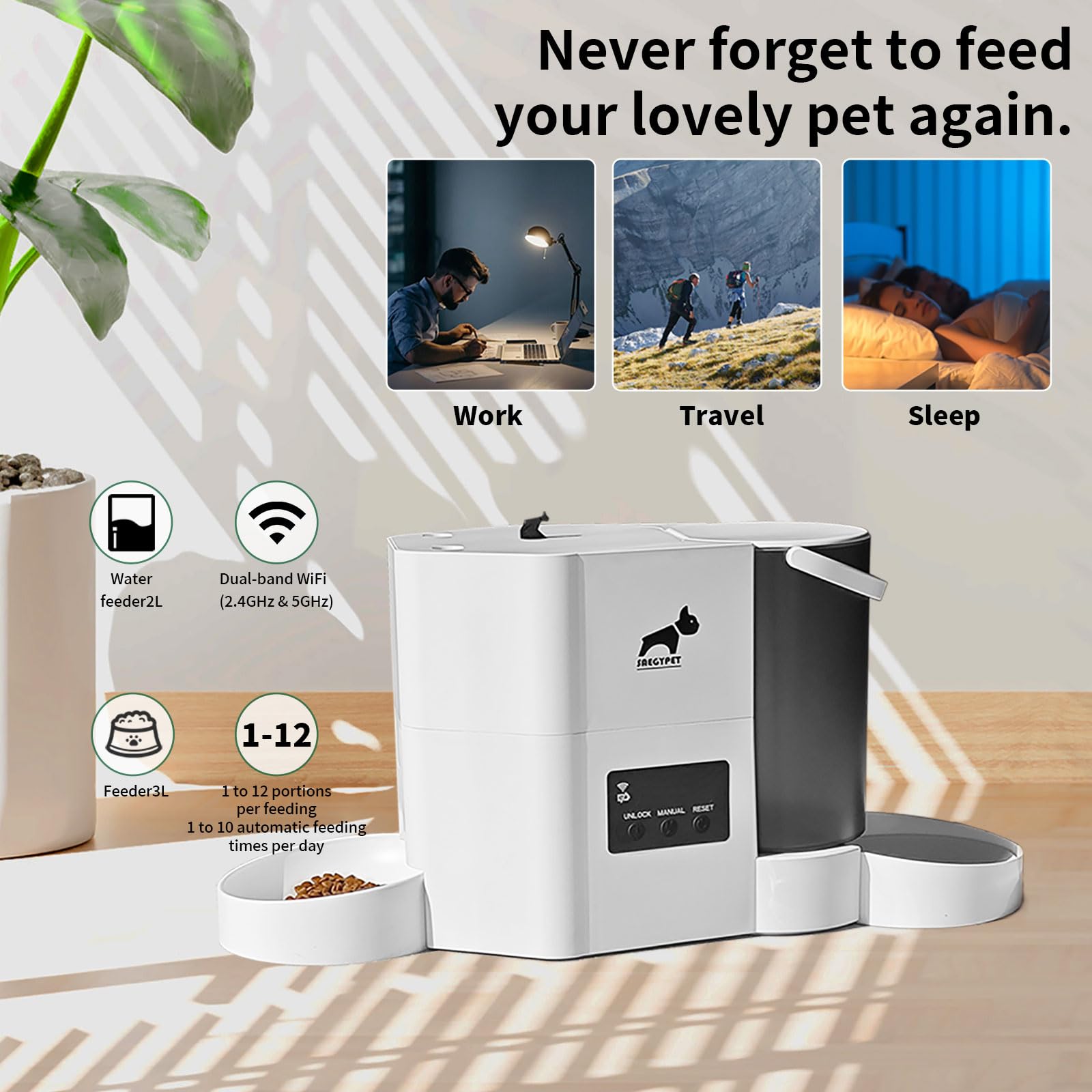Comedero automático para gatos 5G/2.4GHz WiFi y bebedero 2 en 1 para mascotas, comedero de mascotas de hasta 10 comidas por día, controlado por aplicación, tanque de alimentos de 3 L y tanque de agua