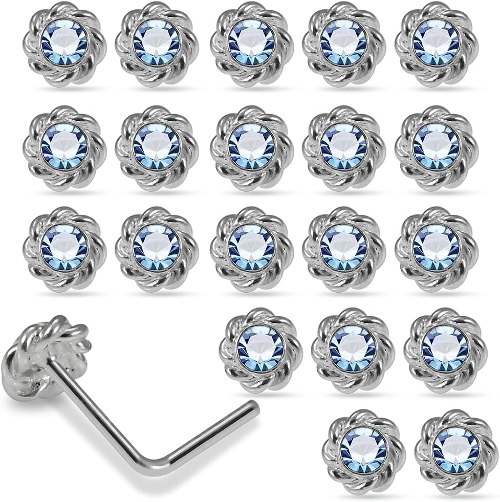 20 Pieces Box Set Twisted Flower with Crystal Stone Design 22 Gauge 925 Sterling Silver Ball End Nose Pin - Nose Stud - Tiny Nose Ring - Nose Piercing Body Jewelry