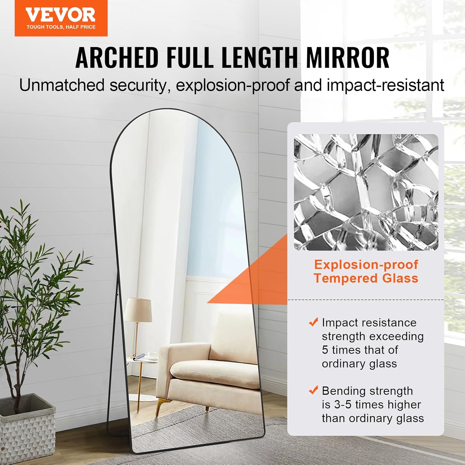 VEVOR Full Length Mirror, 71'' x 32'' Large Black Arched Floor Mirror with Stand Aluminum Alloy Frame, Free Leaning Hanging Wall Mounted, Full Body Mirror for Bedroom Living Room