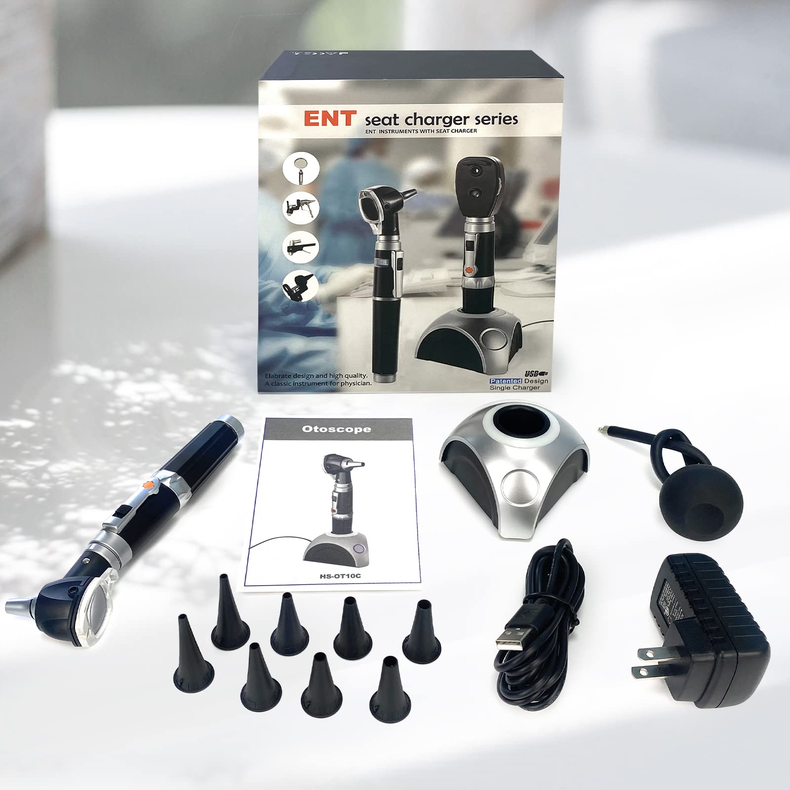 SCIAN Otoscopio con luz - Herramienta de diagnóstico recargable para cuidado auditivo con iluminación de fibra, conjunto de otoscopio de bolsillo para enfermeras, niños, adultos, mascotas (Negro)