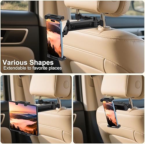 Miniatura 7 de Kairiyard Soporte para tablet para automóvil, brazo de extensión ajustable 3 en 1, reposacabezas de automóvil, soporte para tableta de viaje por