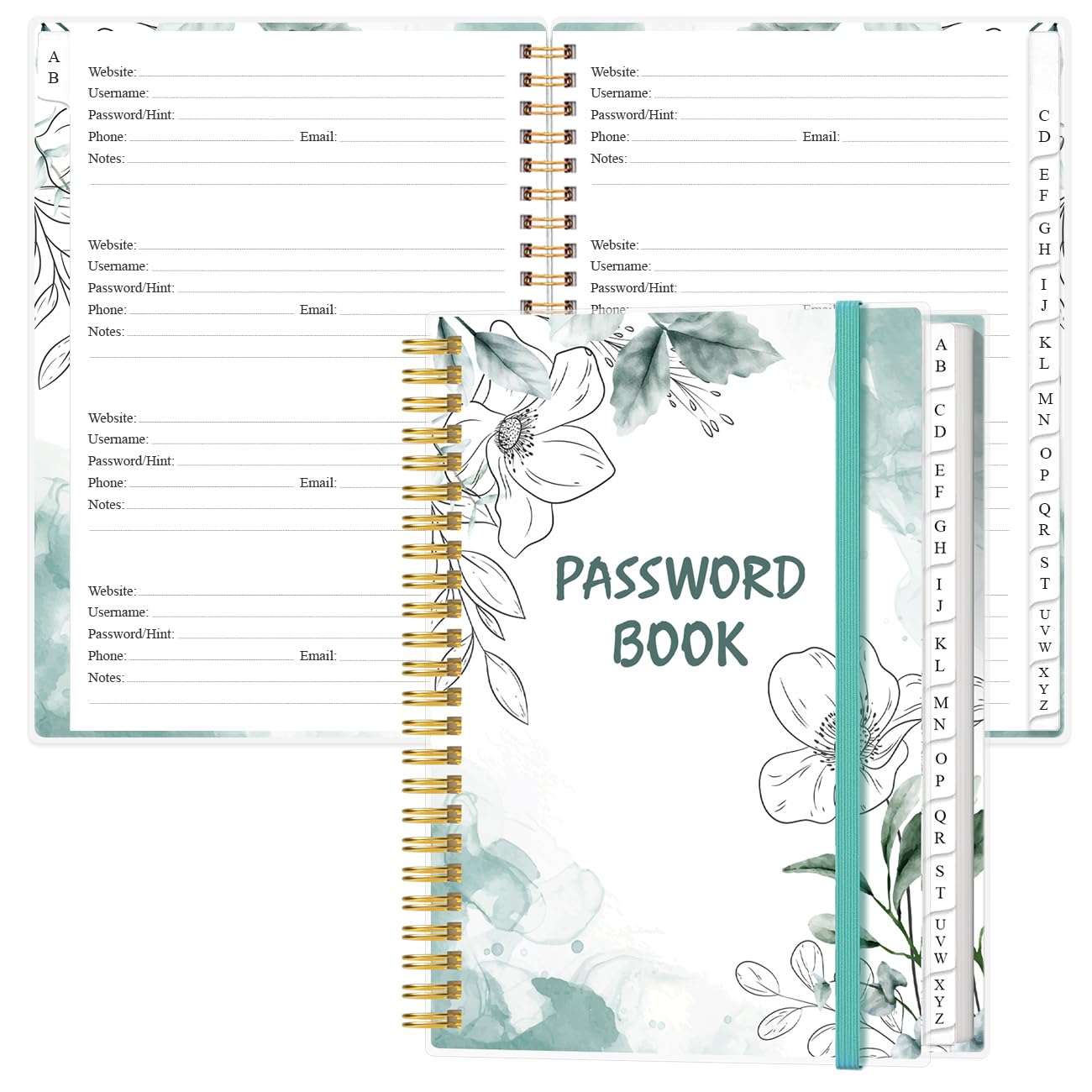 Heveboik Password Book with Alphabetical Tabs - Large Size Password Keeper Journal Notebook for Computer & Website Logins, 6.4" x 8.5", Teal Floral