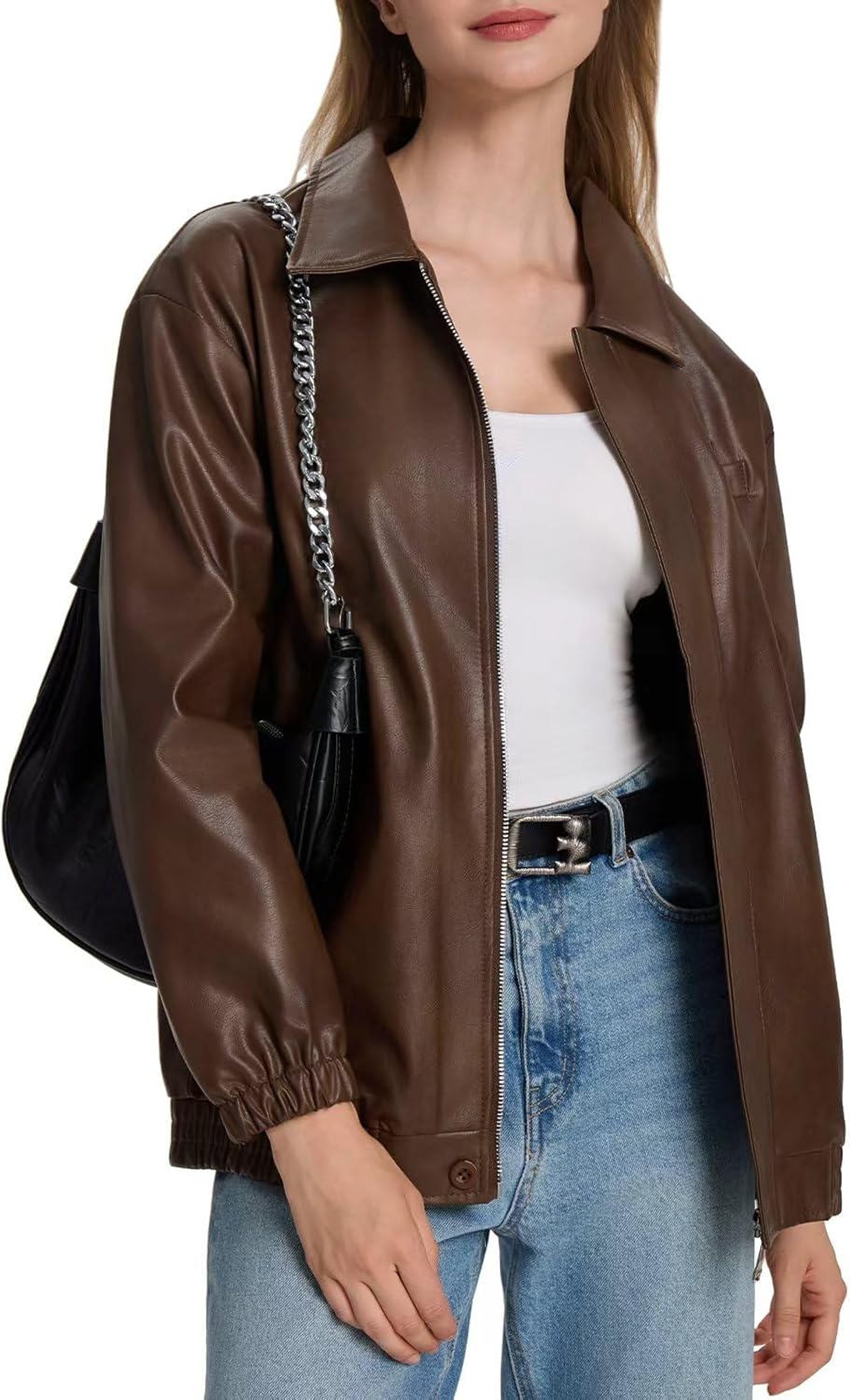 Moreone Faux Leather Jacket Women Oversize Leather Bomber Jacket Zip Up Going Out Jackets for Women
