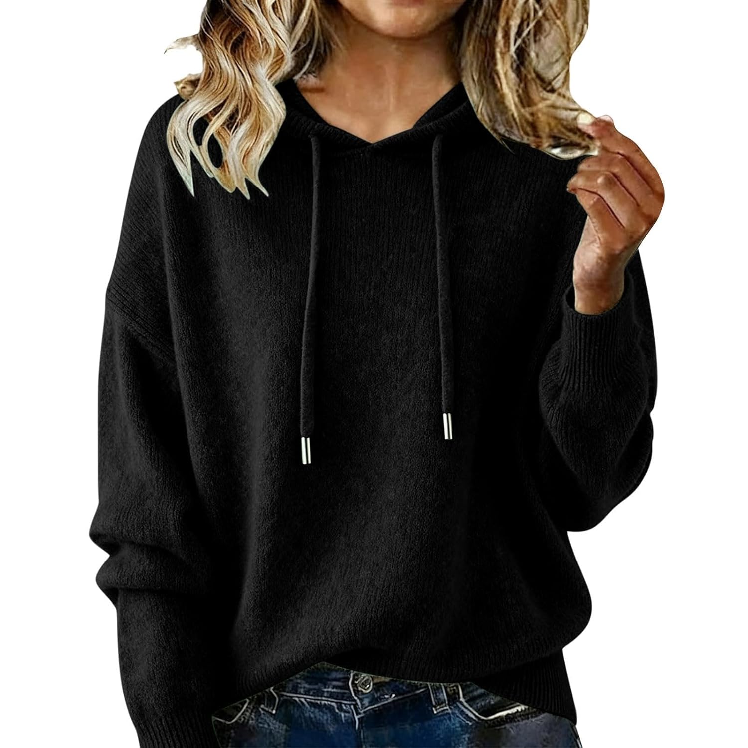 HGps8w Hooded Sweaters for Women Soft Loose Long Sleeve Knitted Pullovers Cozy Ladies Winter Spring Sweater Tops