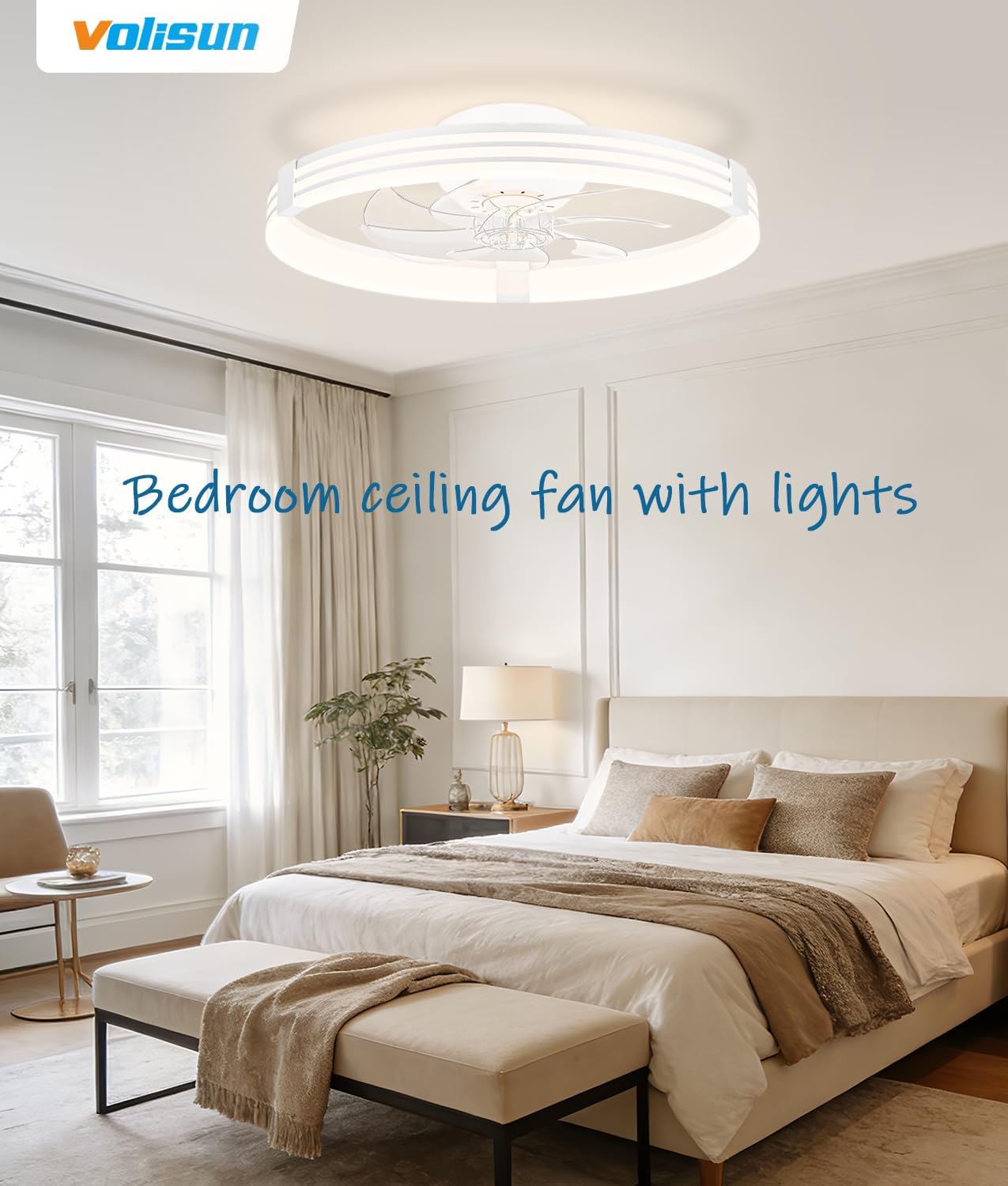VOLISUN Low Profile Ceiling Fans with Lights and Remote, 20in Flush Mount Ceiling Fan with Light, 3000K-6500K Dimmable Fandelier LED Fan Light, White Bladeless Ceiling Fans with Lights for Bedroom